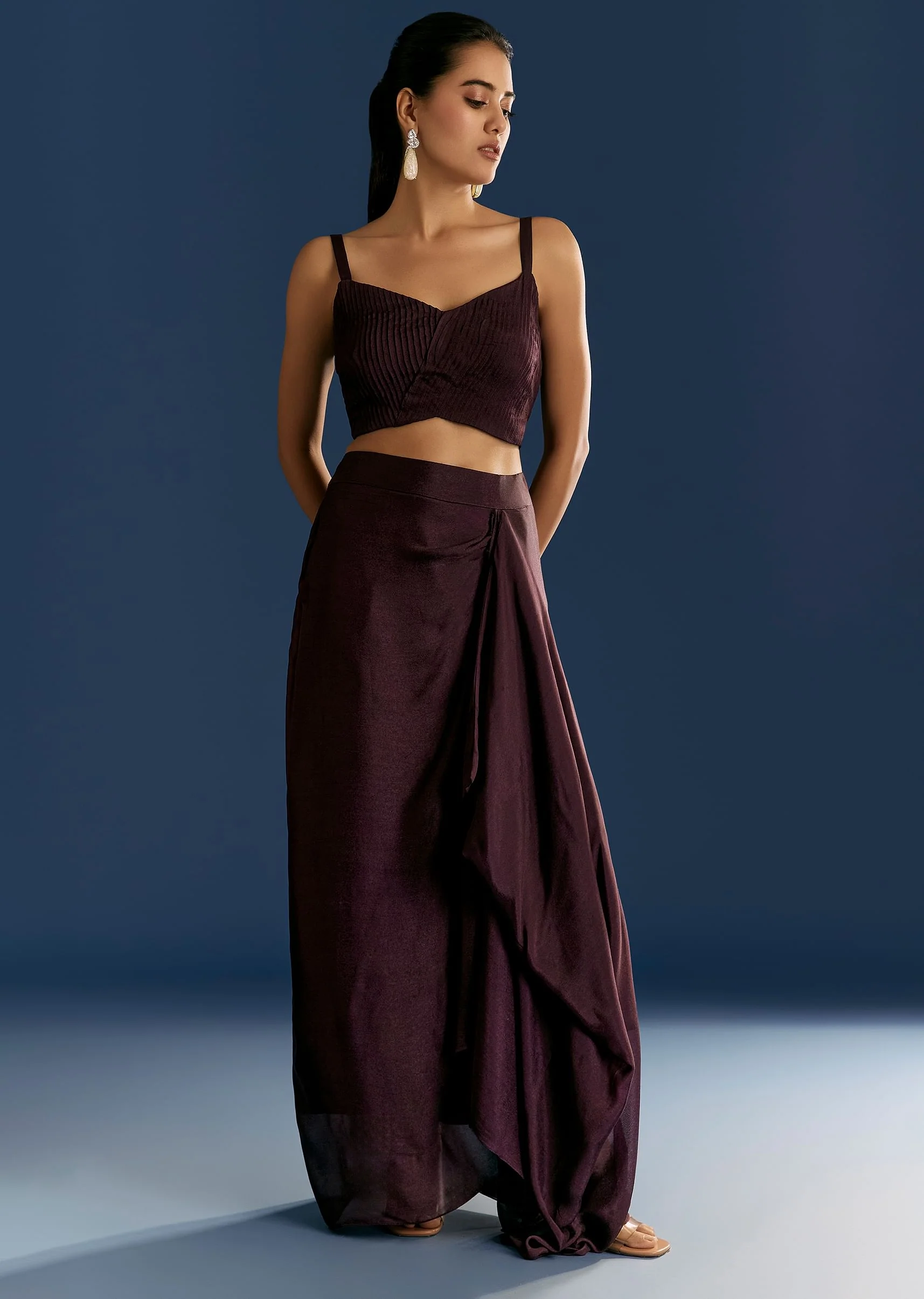 Wine Georgette Pintuck Croptop And Fancy Skirt With Embroidered Cape - Image 5