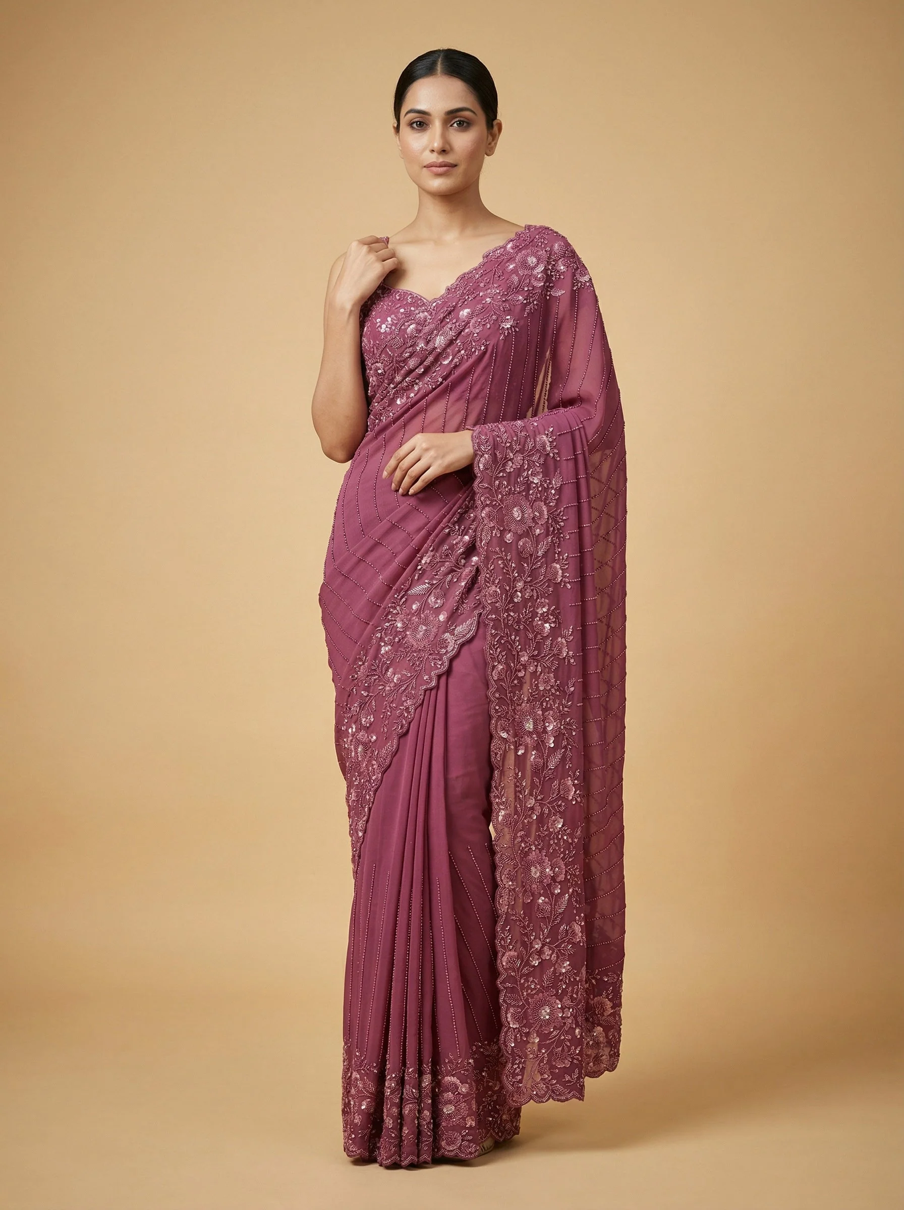 Wine Graceful Embroidered Saree
