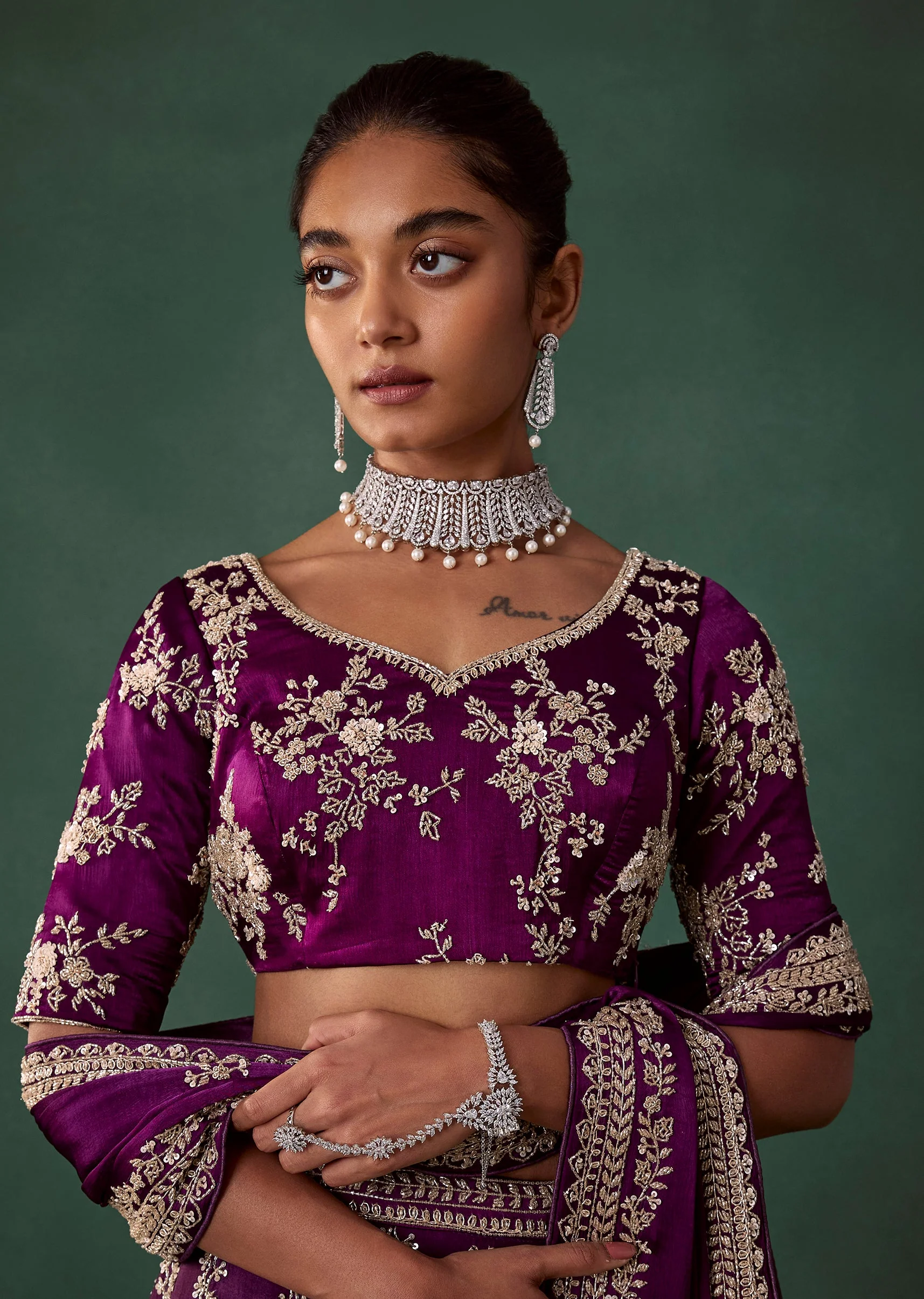 Wine Hand Embroidered Art Silk Bridal Lehenga Set - Image 3
