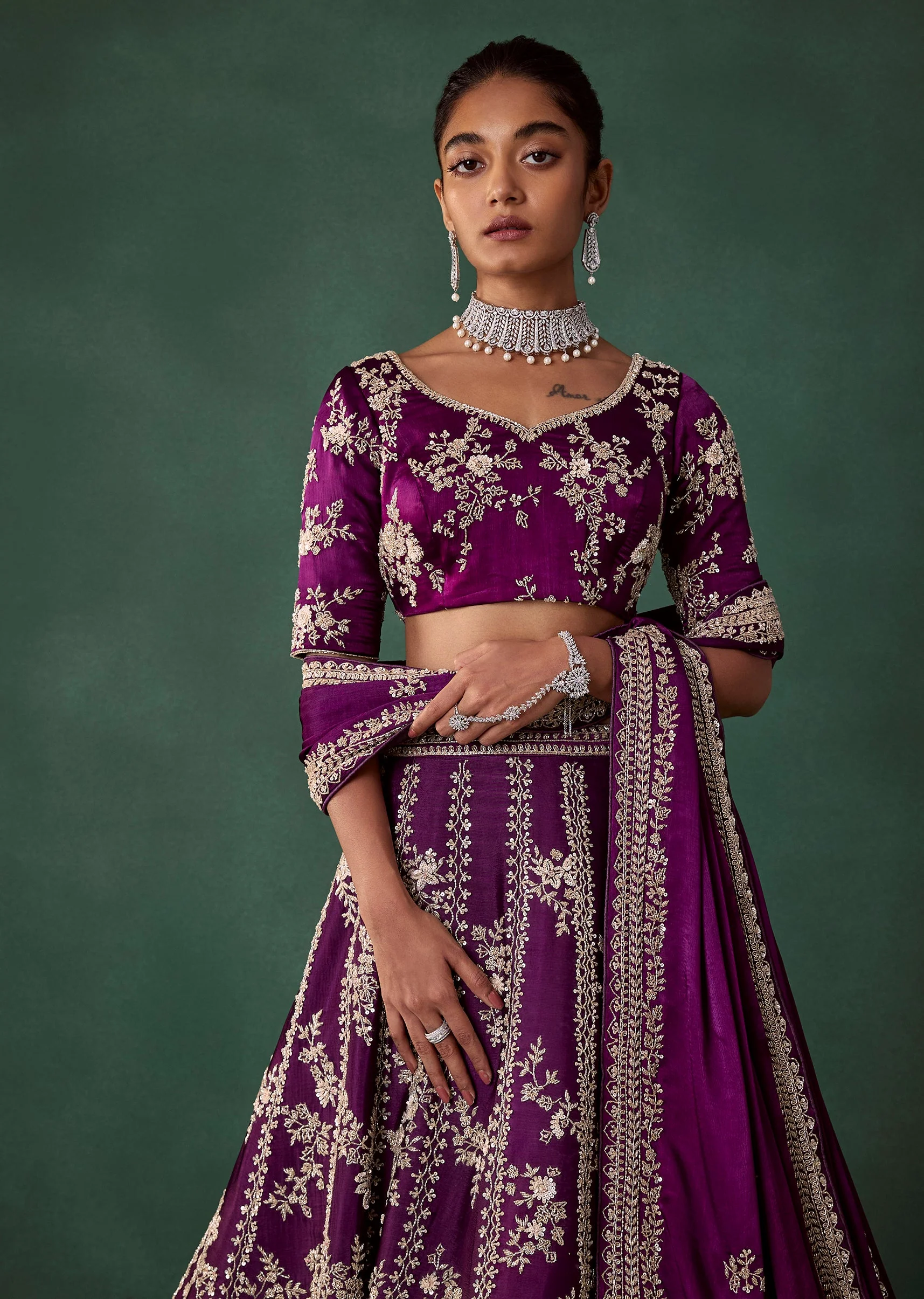 Wine Hand Embroidered Art Silk Bridal Lehenga Set - Image 5