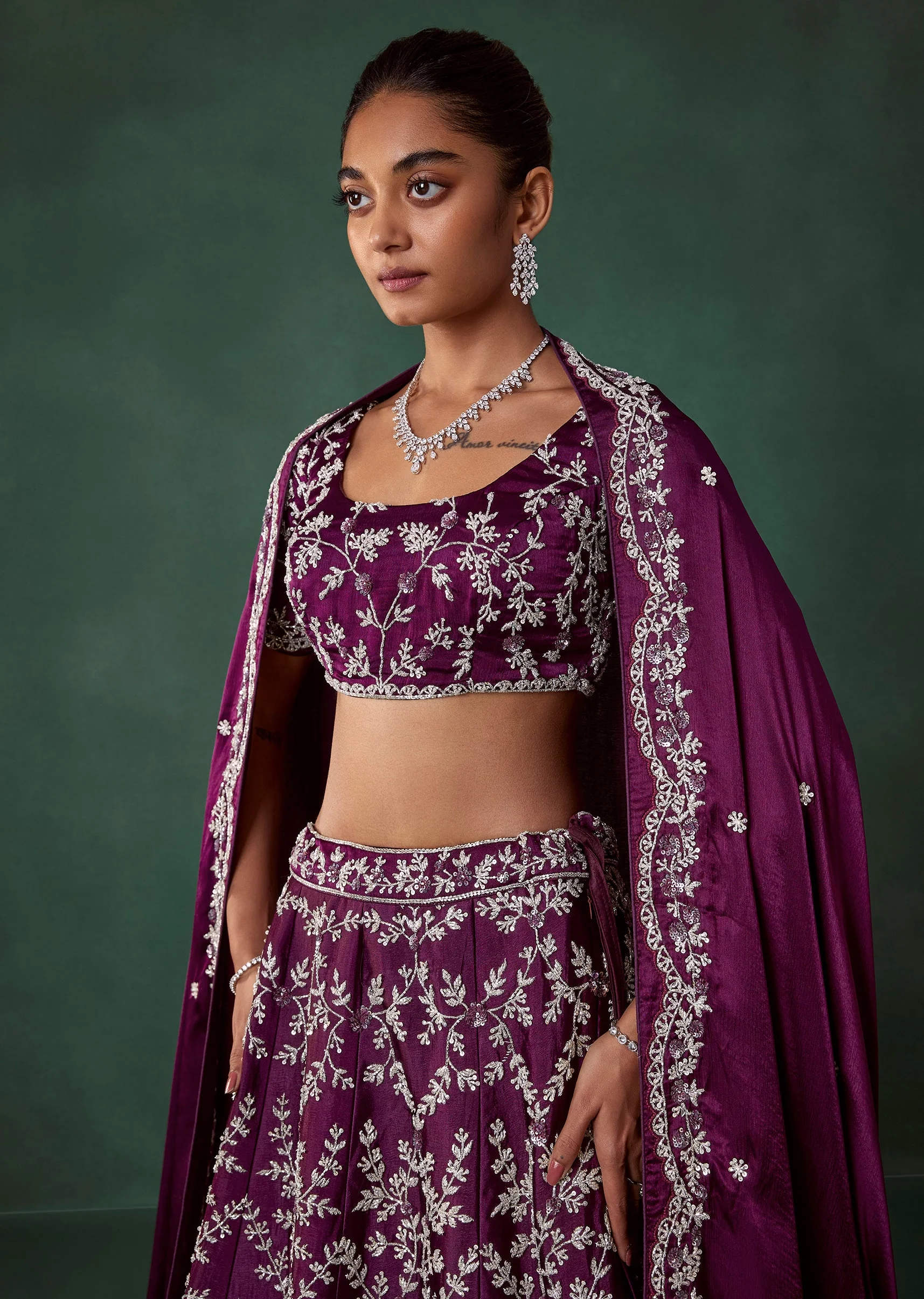 Wine Hand Embroidered Beaded Bridal Lehenga Set - Image 3