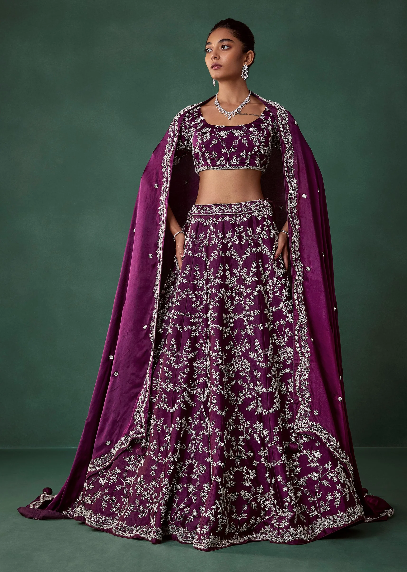Wine Hand Embroidered Beaded Bridal Lehenga Set - Image 4