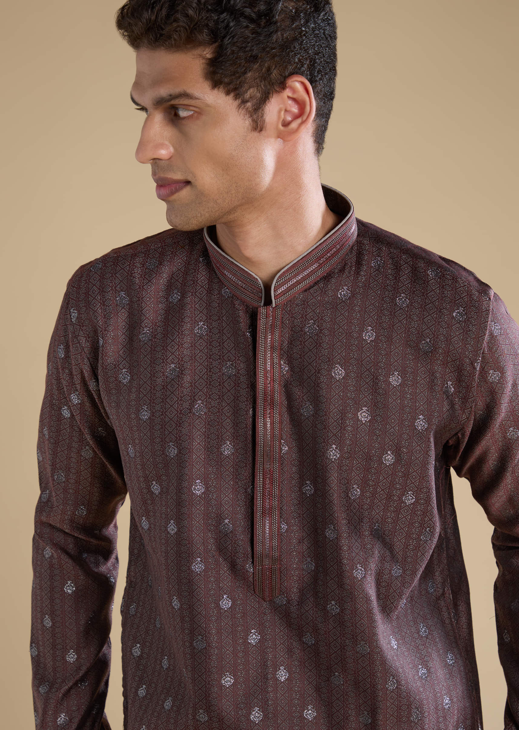 Wine Jacquard Self Work Mens Kurta and Pant Set - Image 2