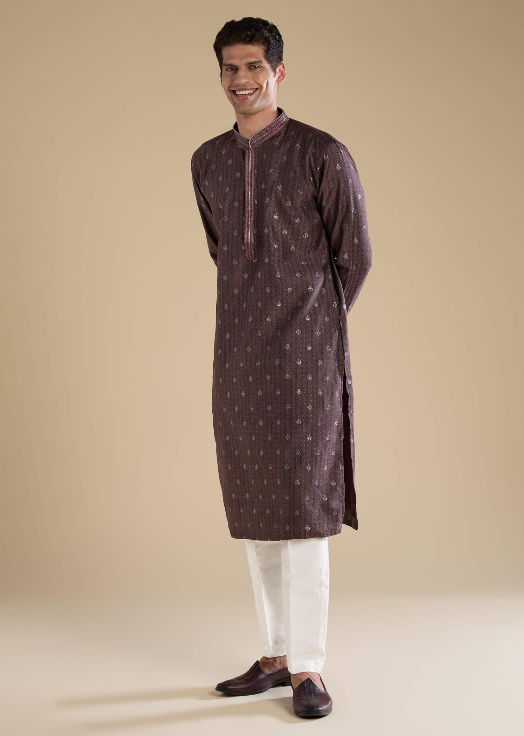 Wine Jacquard Self Work Mens Kurta and Pant Set - Image 3