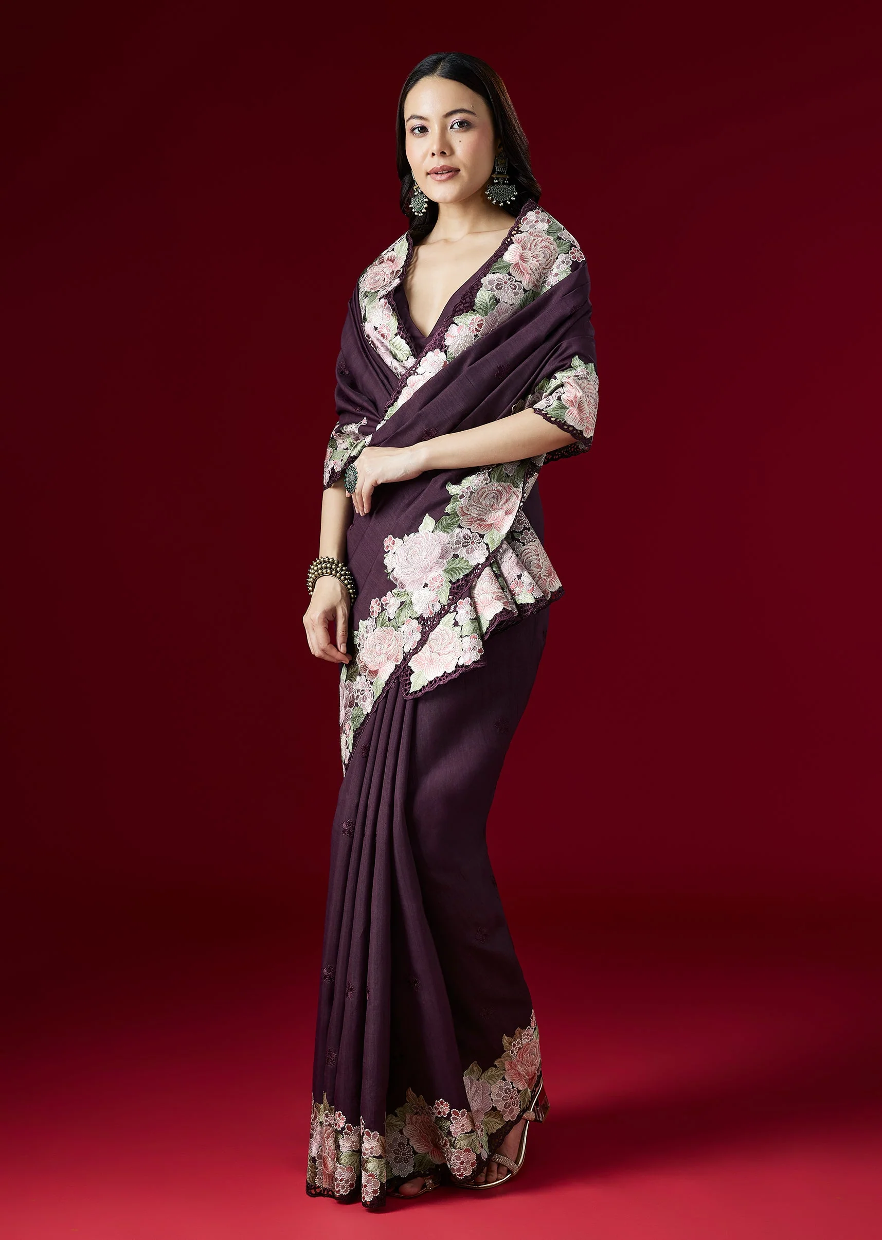 Wine Kora Silk Saree With Floral Thread Embroidered Border - Image 3