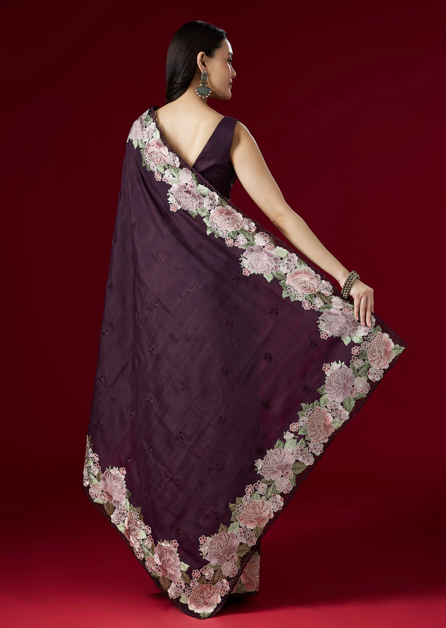 Wine Kora Silk Saree With Floral Thread Embroidered Border - Image 4
