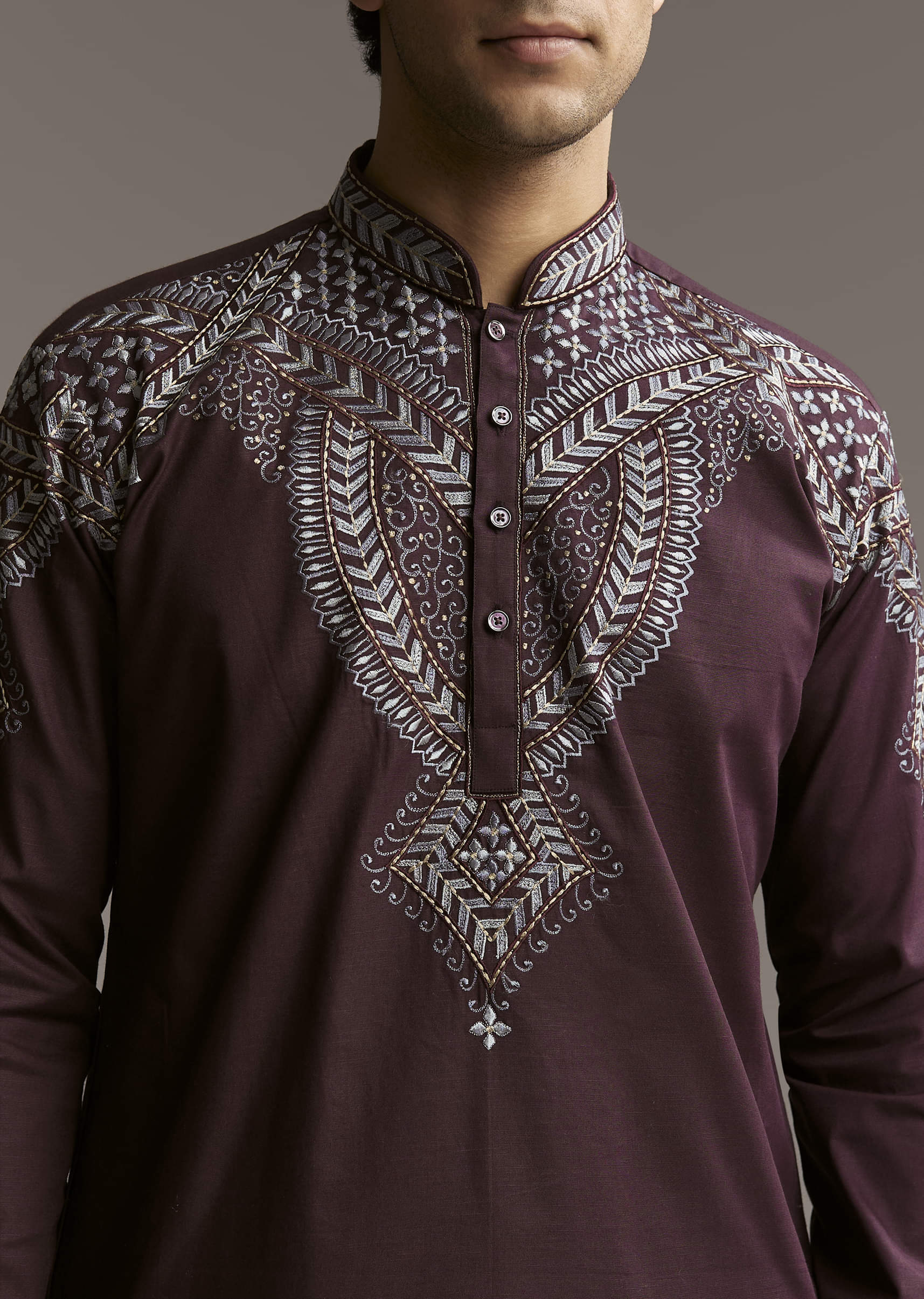 Wine Linen Kurta Set For Men With Thread Embroidery - Image 2
