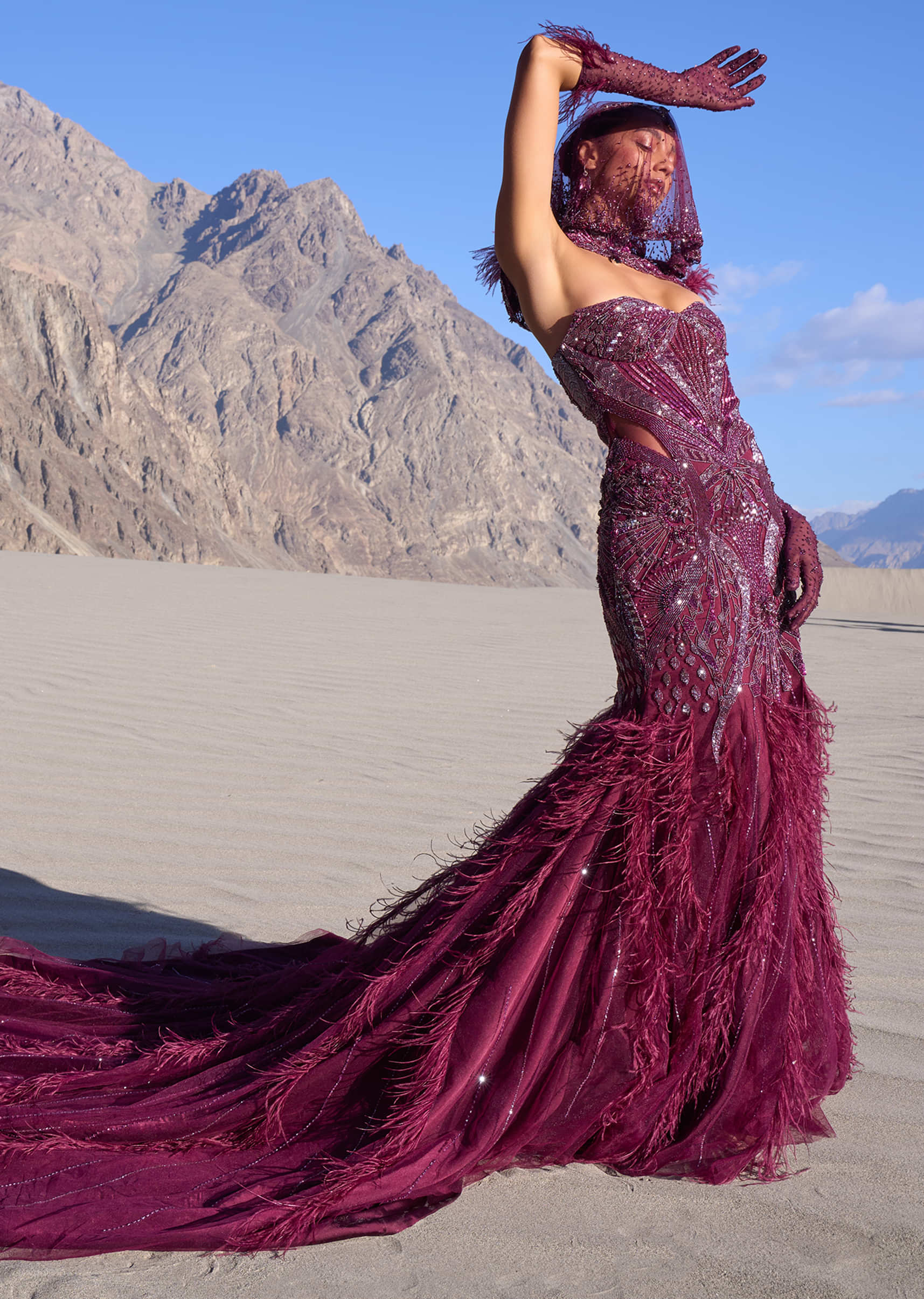 Wine Mermaid Feather Trail Gown With Embroidered Gloves And Veil - Image 3