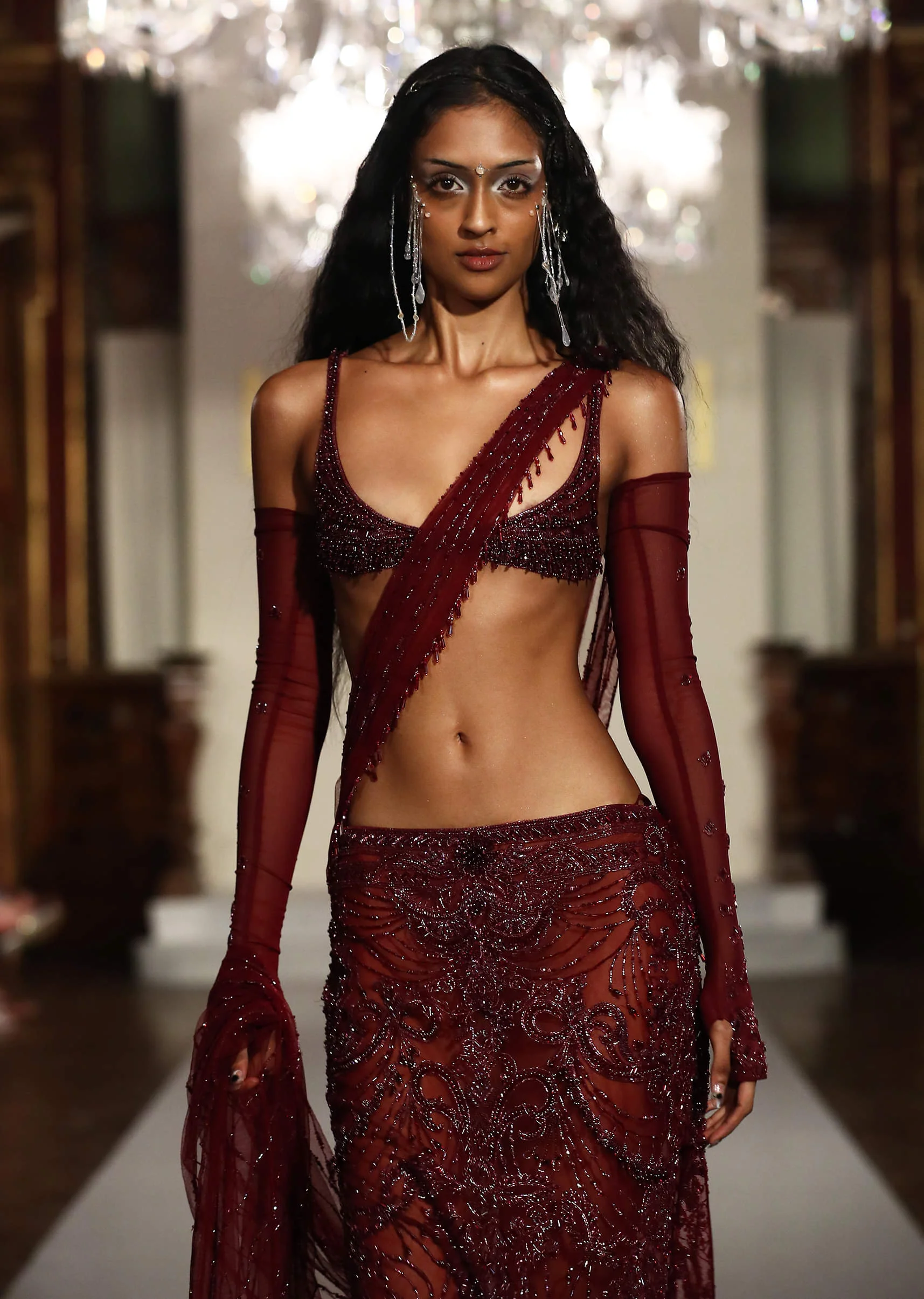 Wine Net Bridal Indo Western Fishcut Skirt Set With Hand Embroidery - Image 2