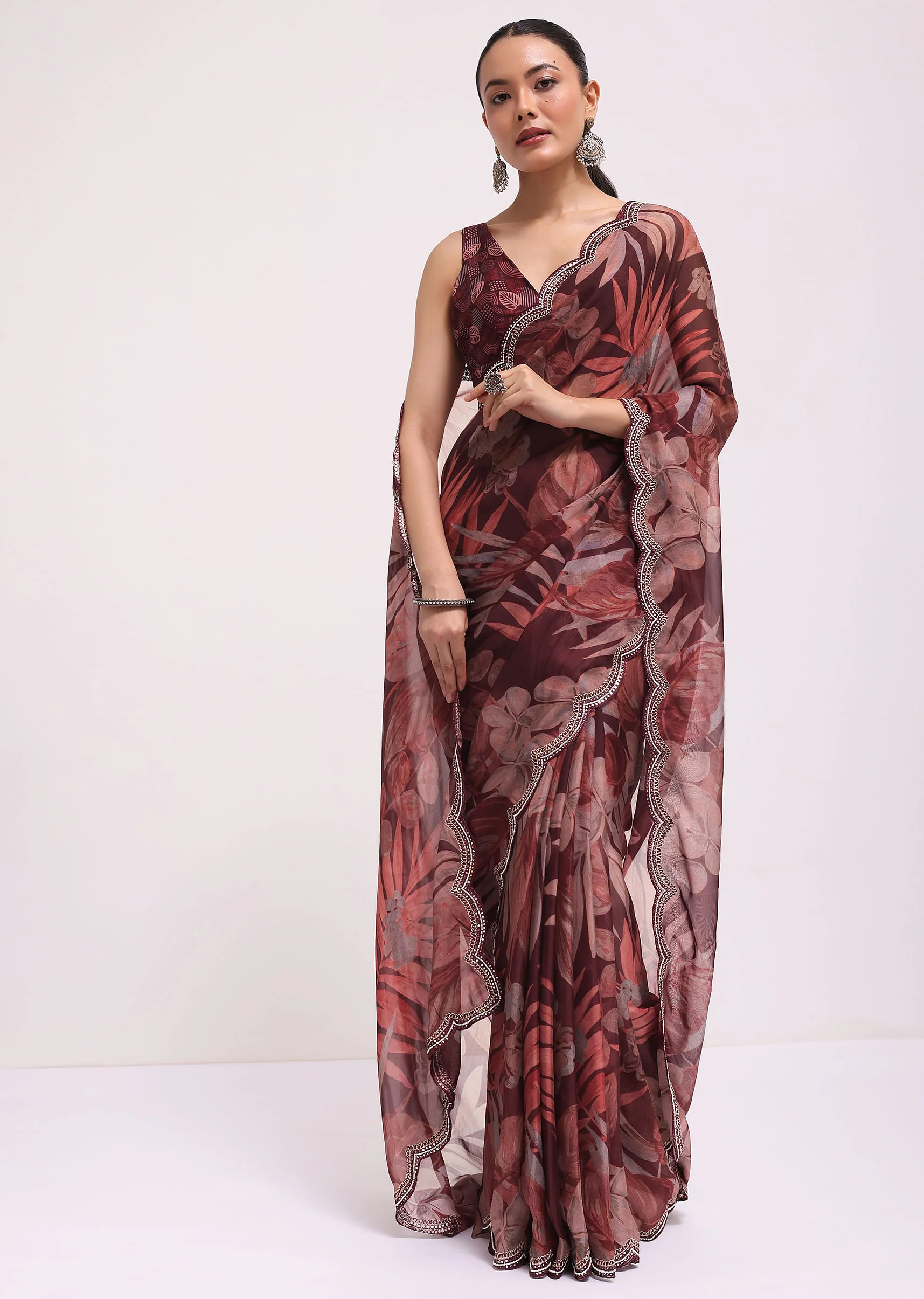 Wine Organza Leaf Printed Saree With Unstitched Blouse - Image 3