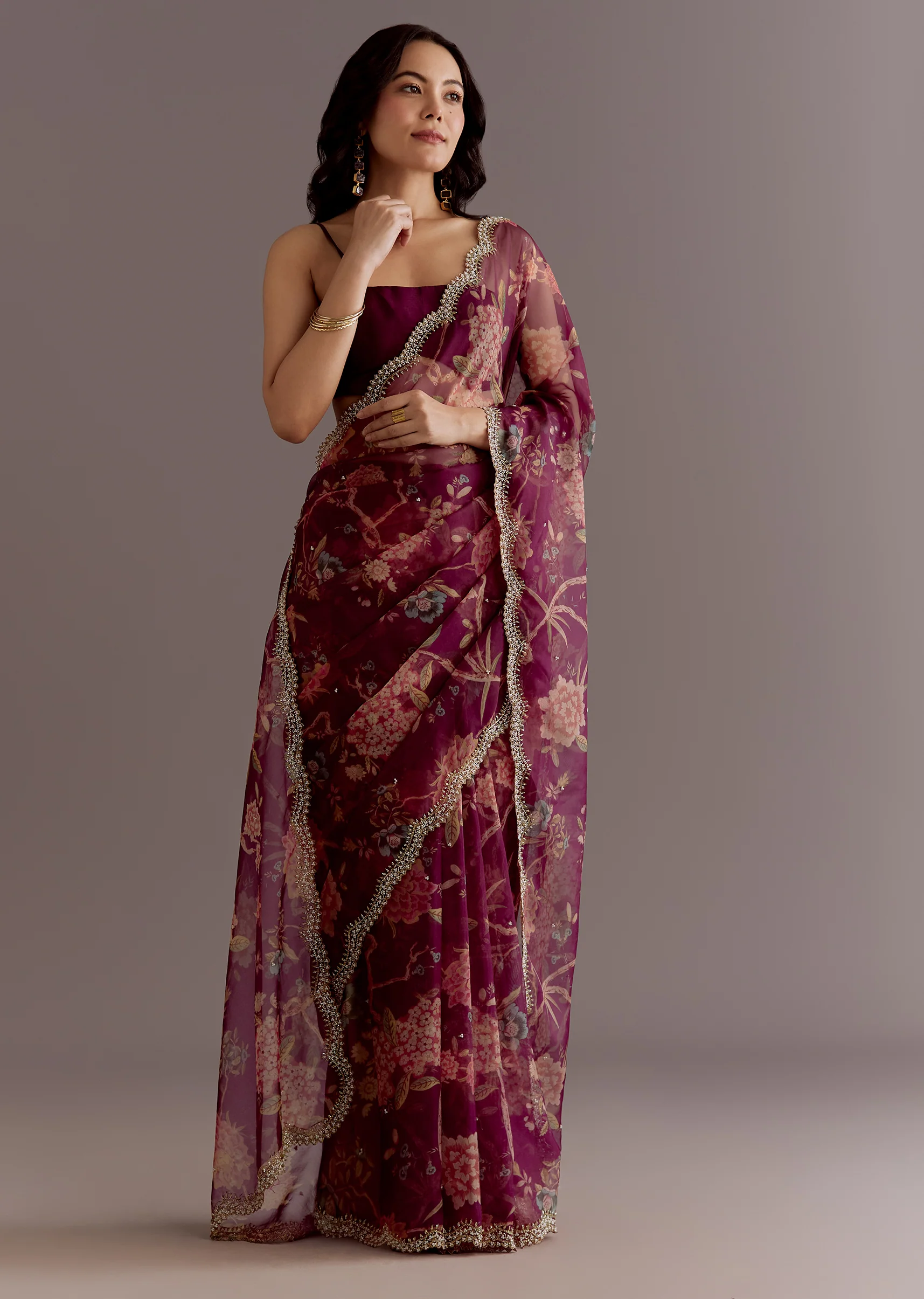 Wine Organza Saree With Floral Print And Hand Embellished Border - Image 5