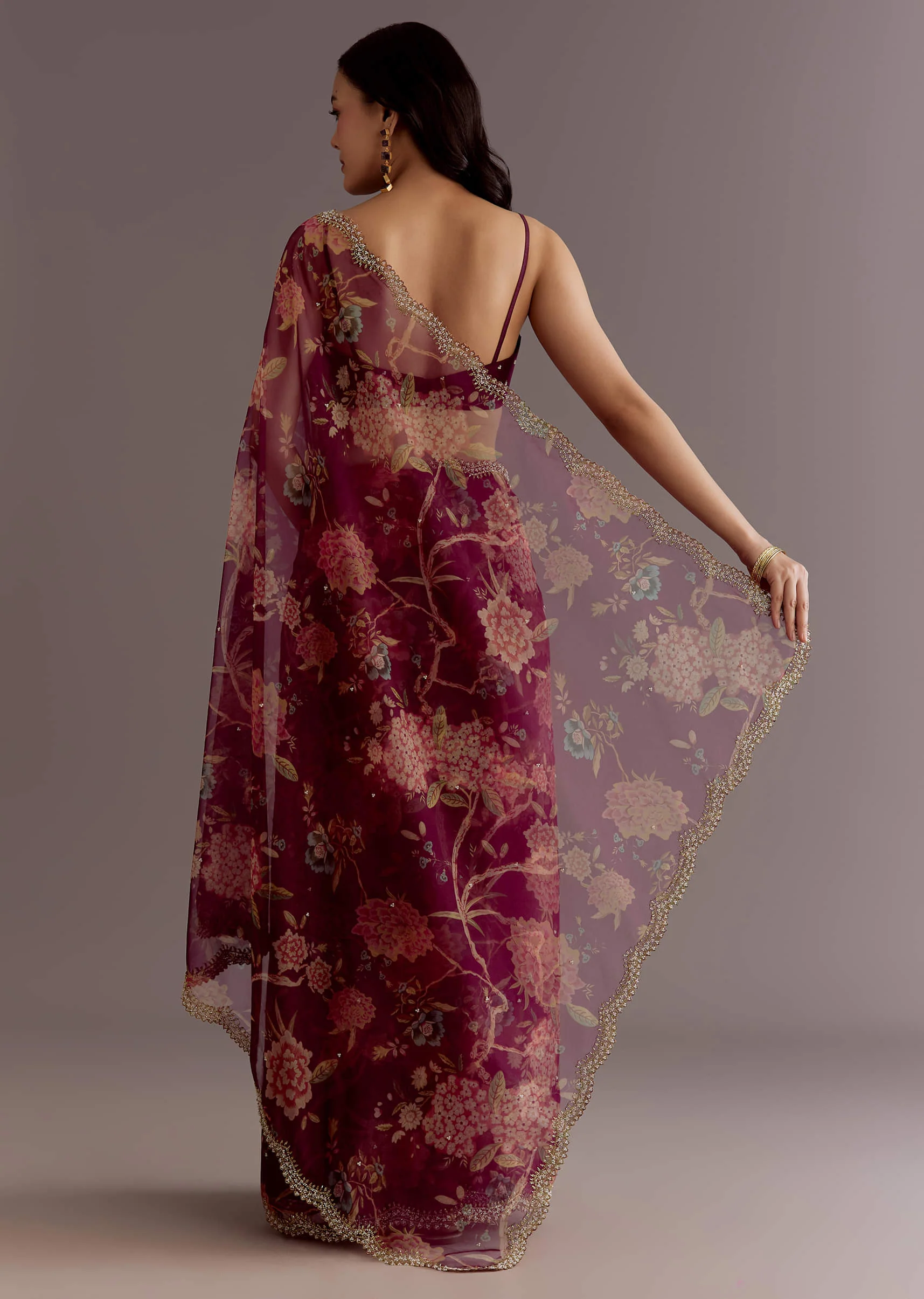 Wine Organza Saree With Floral Print And Hand Embellished Border - Image 6