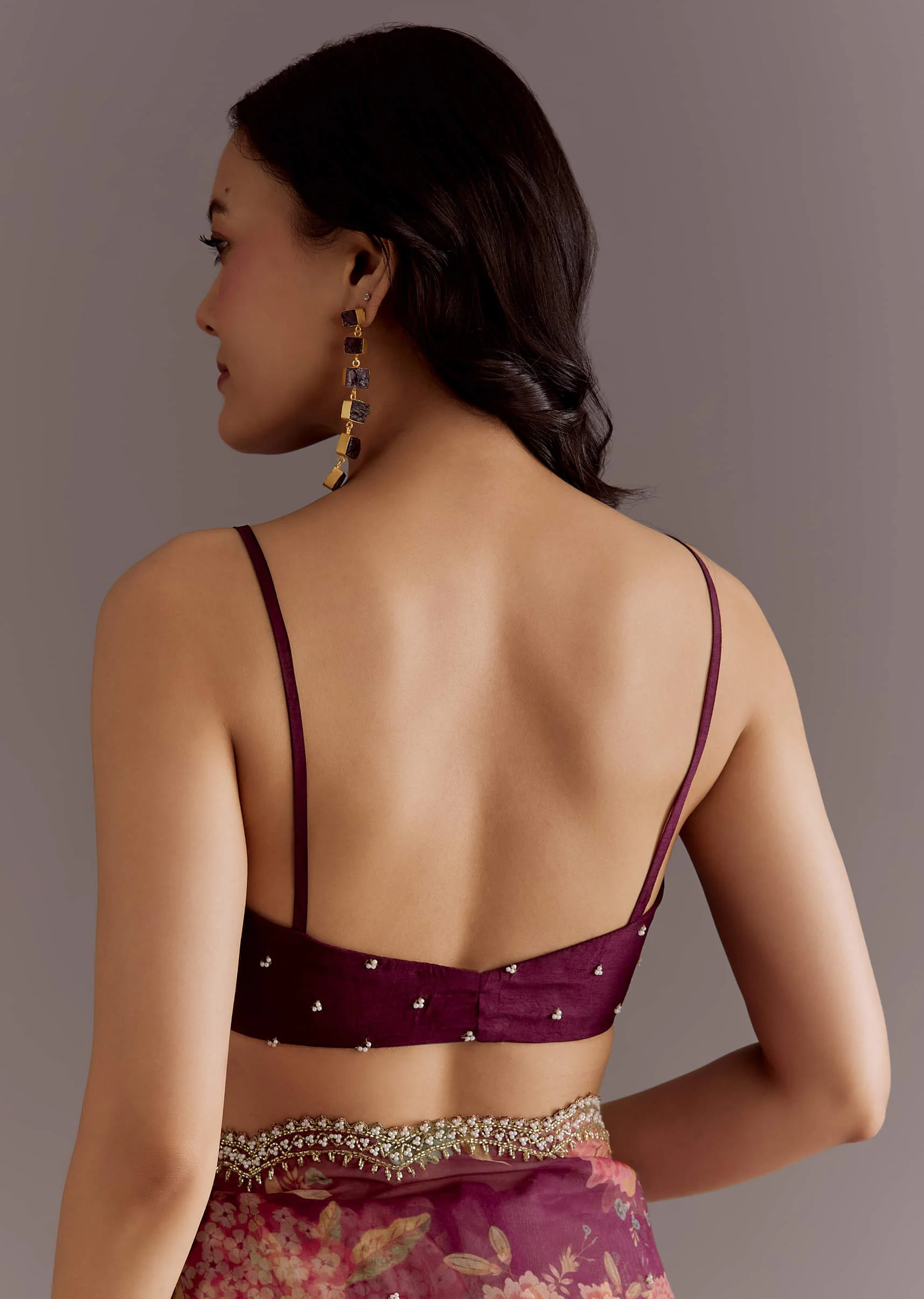 Wine Organza Saree With Floral Print And Hand Embellished Border - Image 8