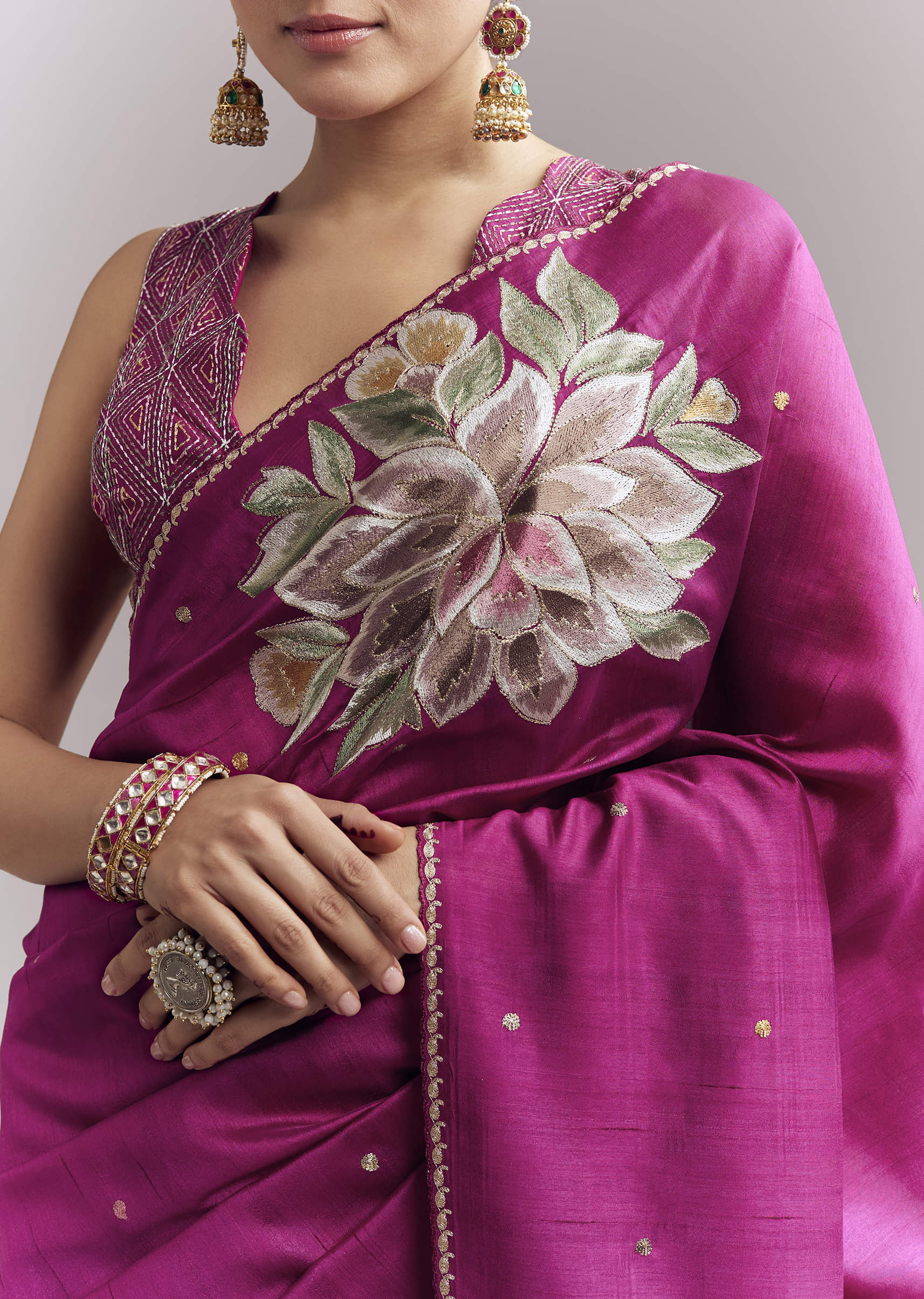 Wine Organza Silk Saree With Floral Thread Embroidery And Cutwork - Image 2
