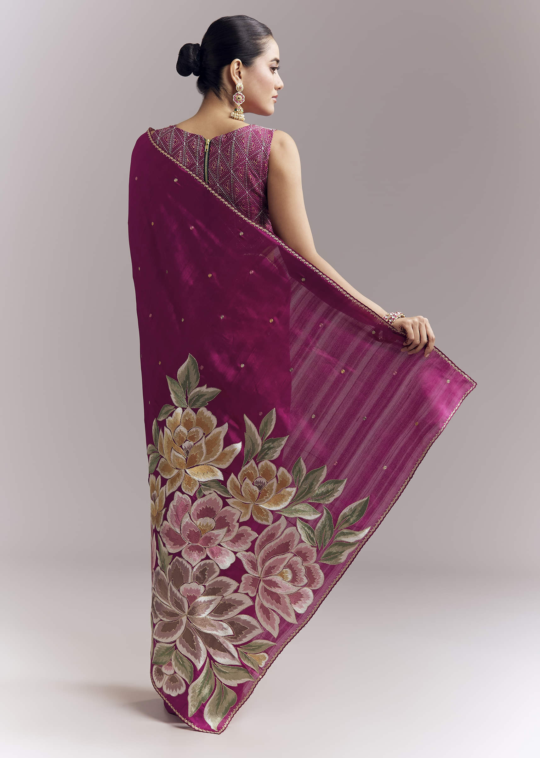 Wine Organza Silk Saree With Floral Thread Embroidery And Cutwork - Image 4