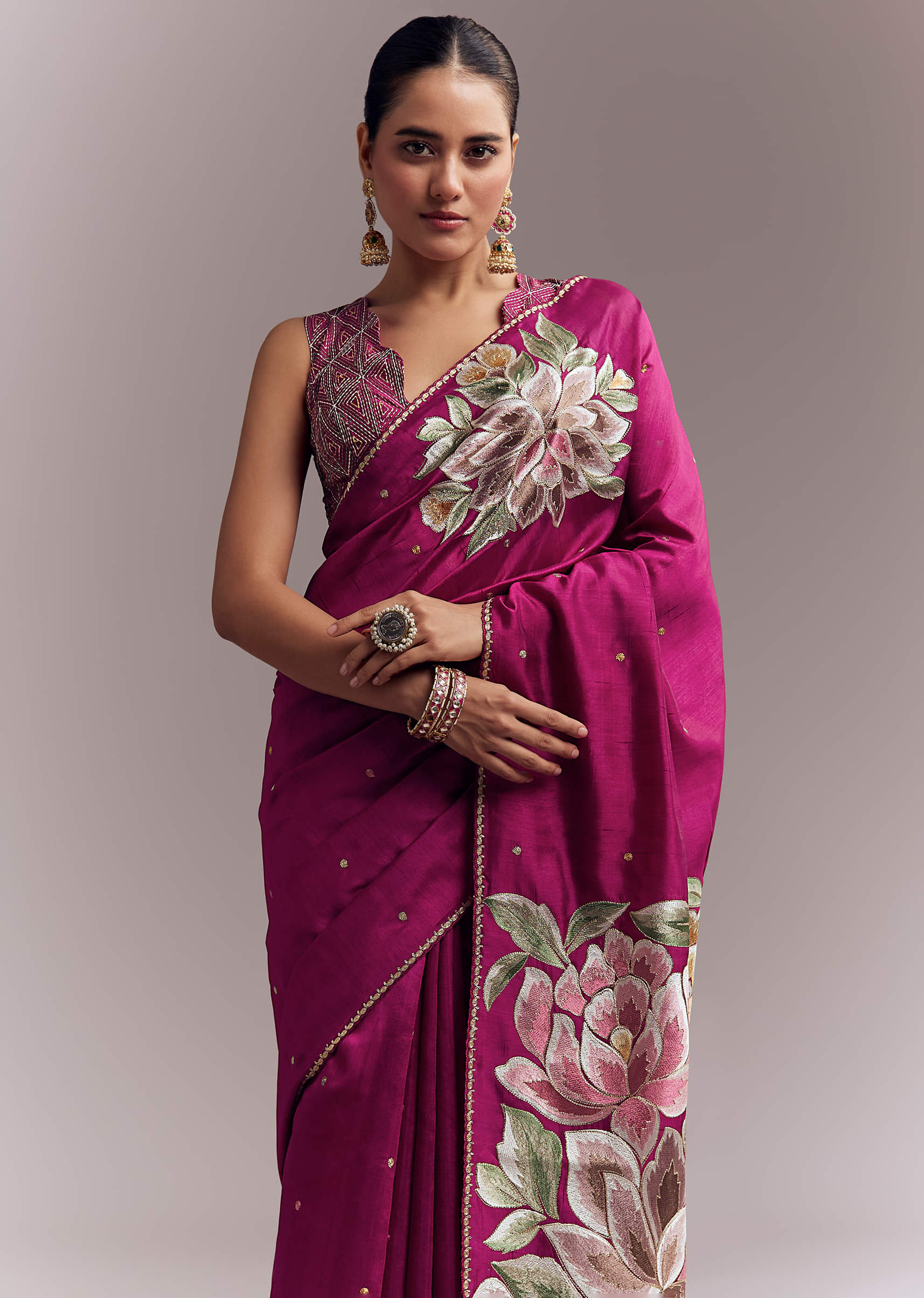 Wine Organza Silk Saree With Floral Thread Embroidery And Cutwork - Image 5