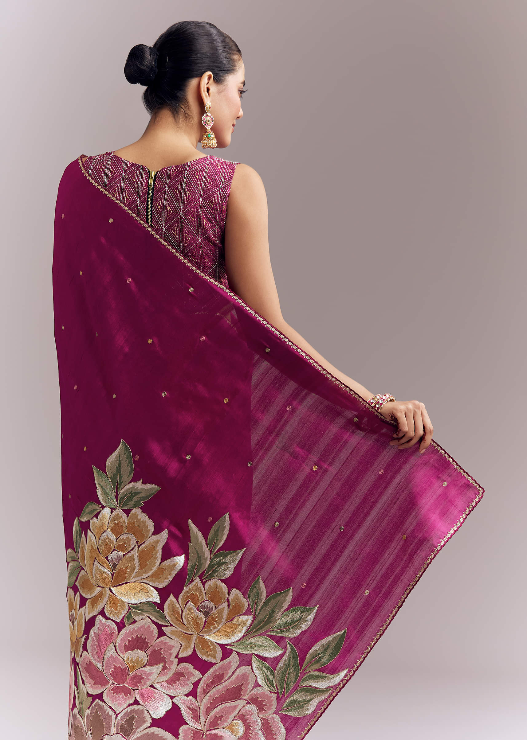 Wine Organza Silk Saree With Floral Thread Embroidery And Cutwork - Image 6