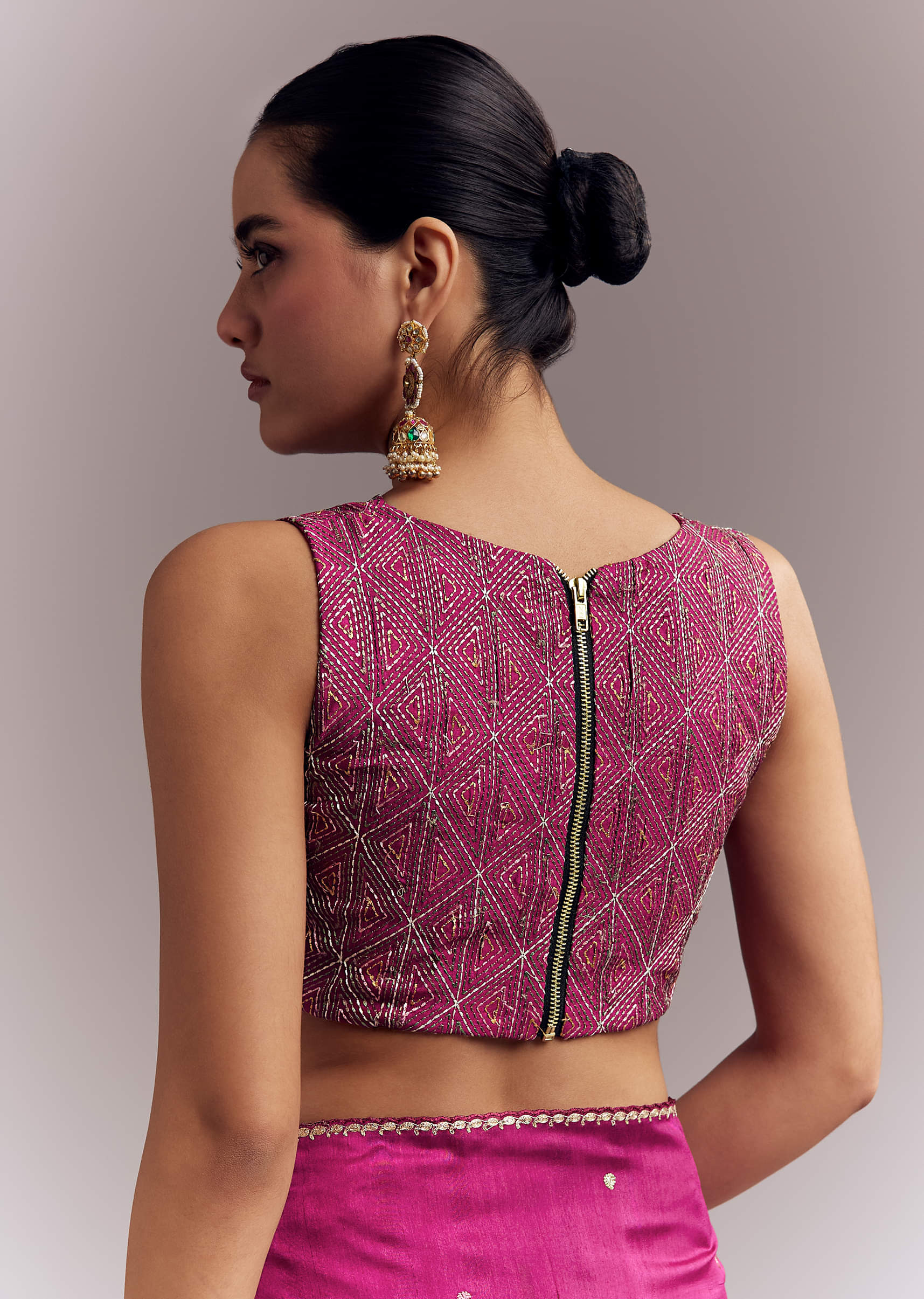 Wine Organza Silk Saree With Floral Thread Embroidery And Cutwork - Image 7