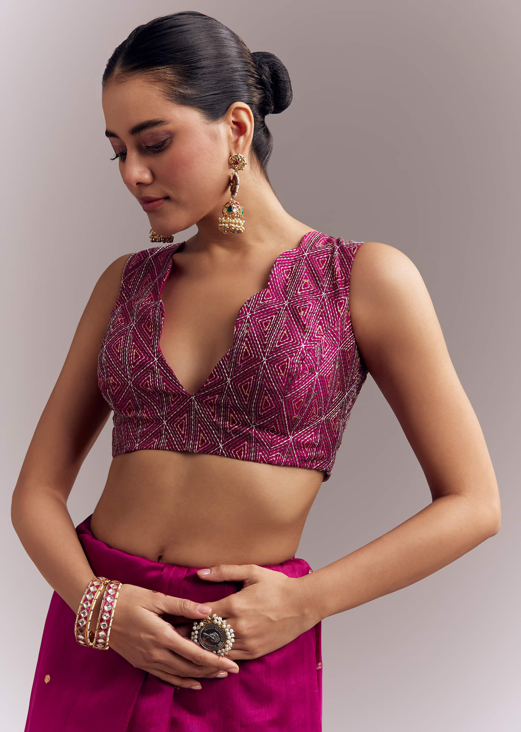 Wine Organza Silk Saree With Floral Thread Embroidery And Cutwork - Image 8
