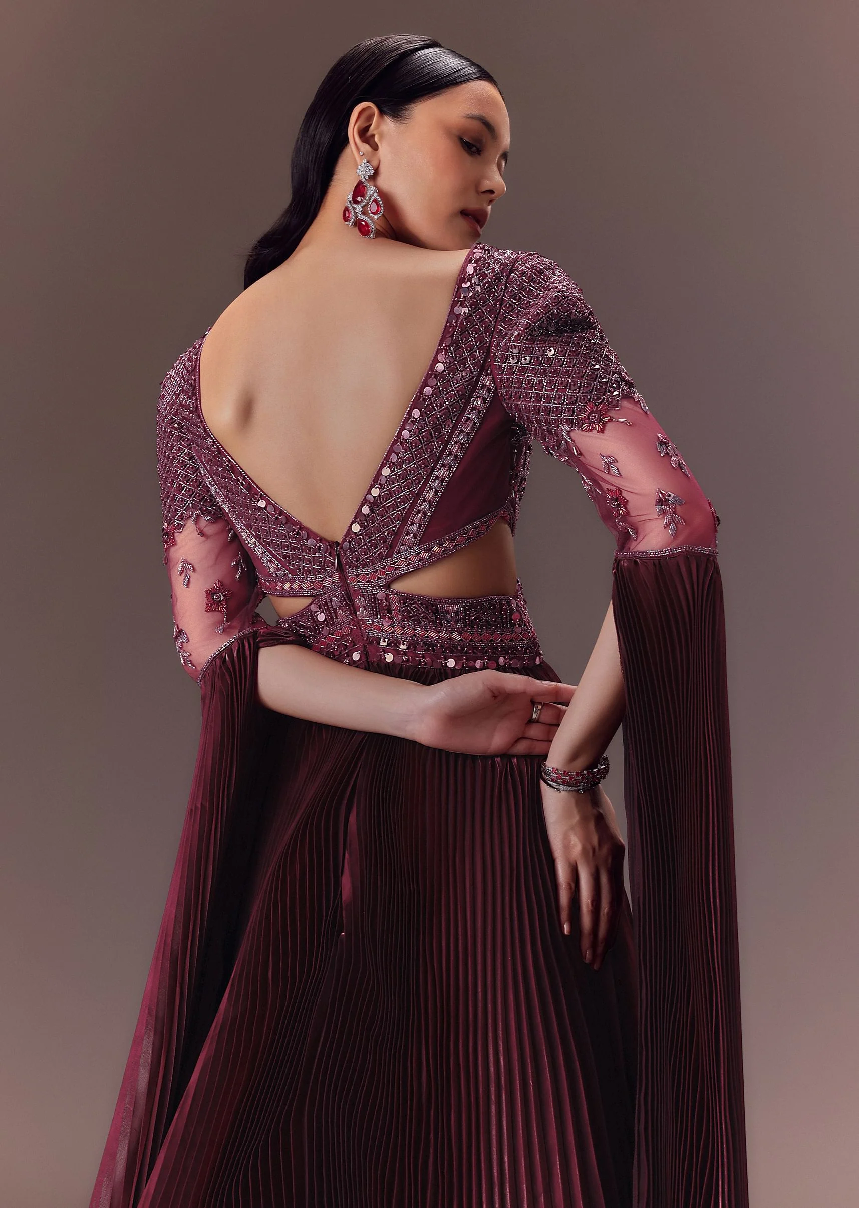 Wine Organze Flared Gown With 3D Draped Wings - Image 4