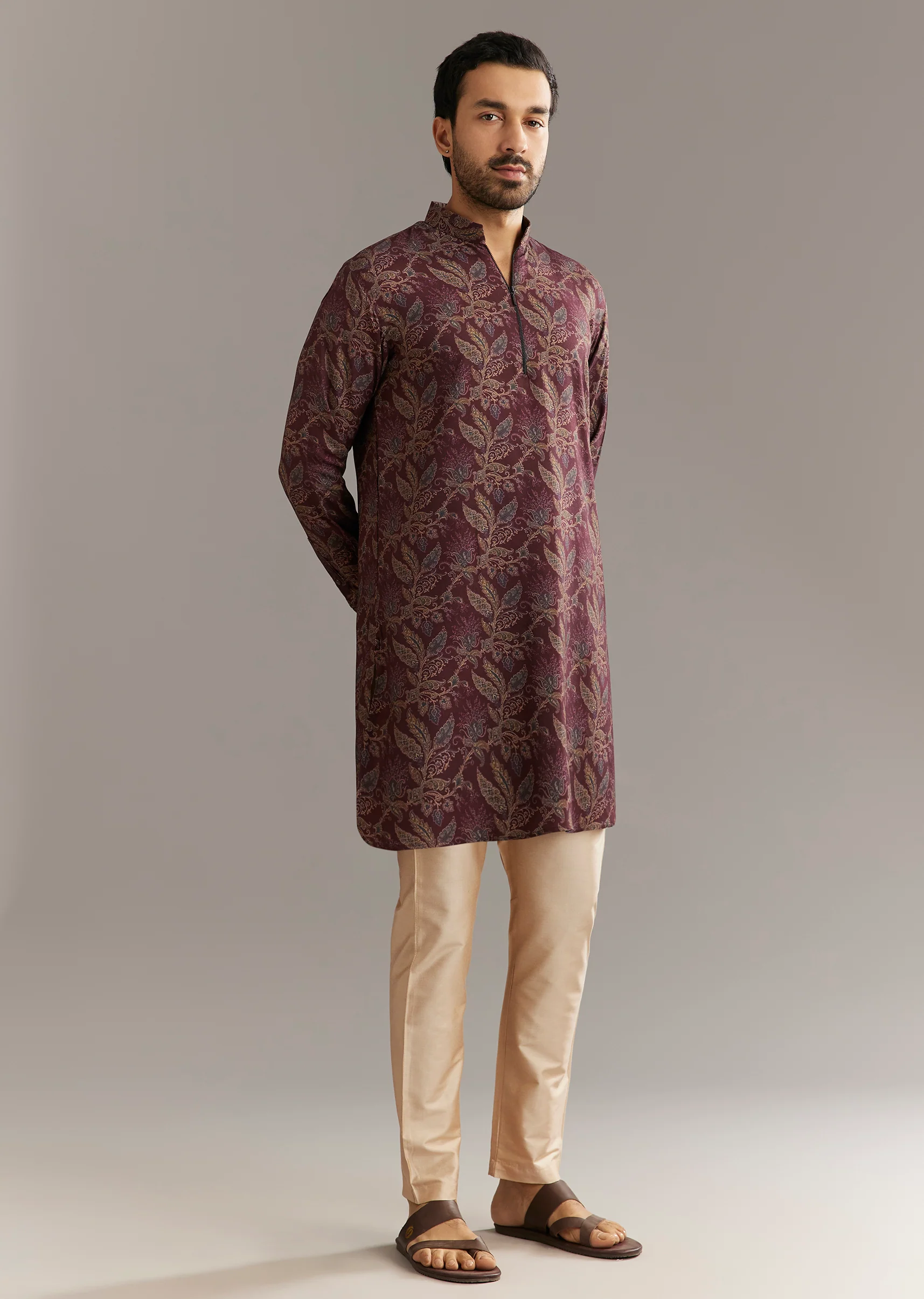 Wine Pashmina Silk Kurta Set With Vine Print Motifs - Image 3