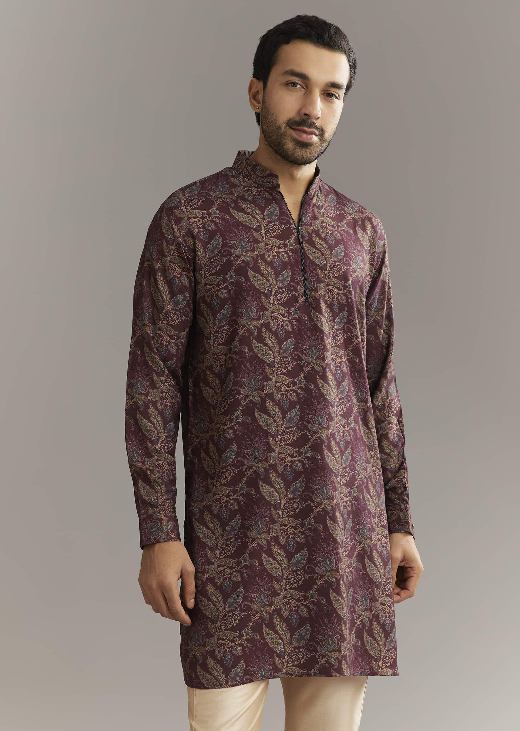 Wine Pashmina Silk Kurta Set With Vine Print Motifs - Image 4
