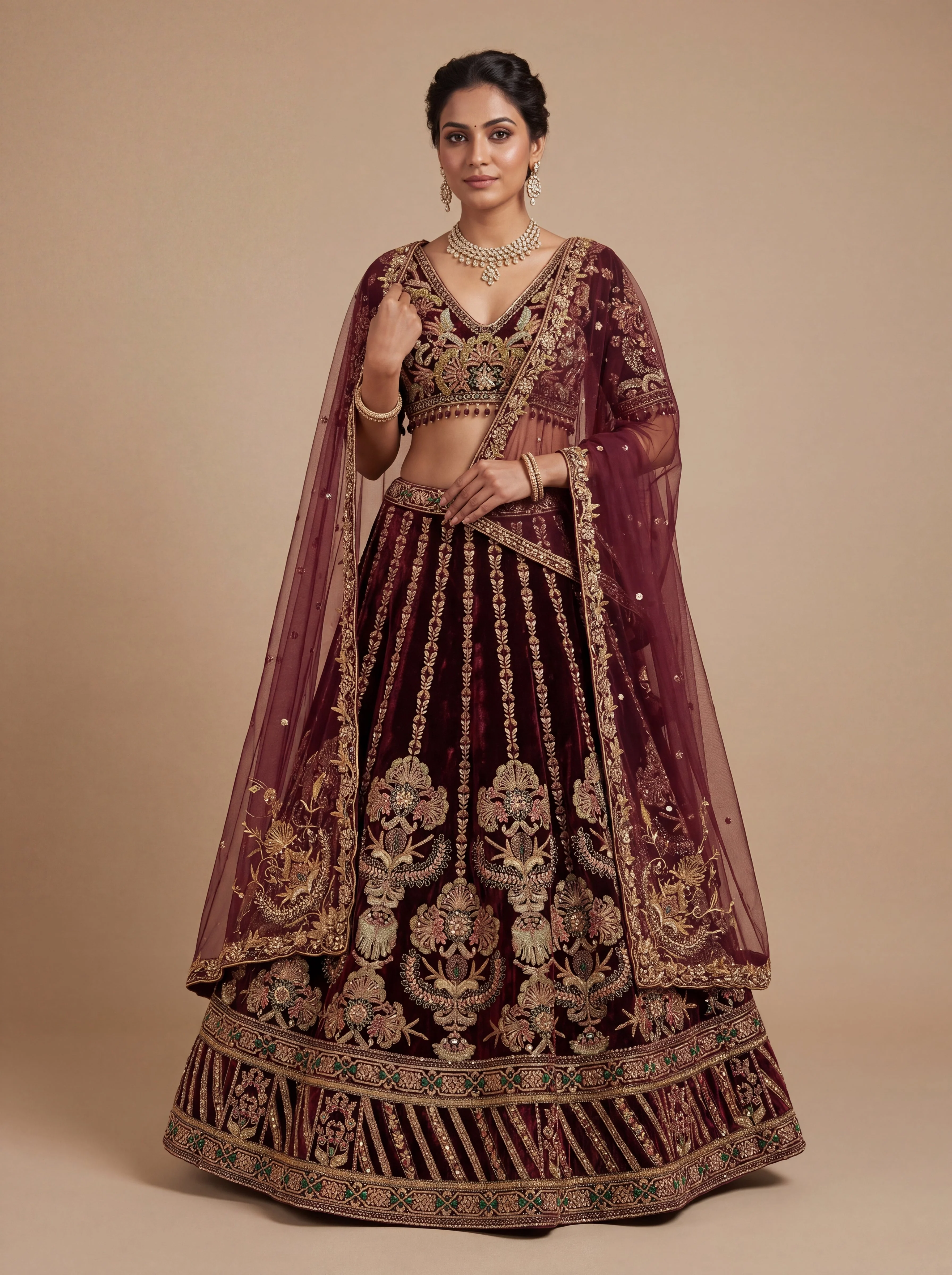 Wine Pheras Bridal Lehenga With Heavy Embroidery  Dramatic Flare