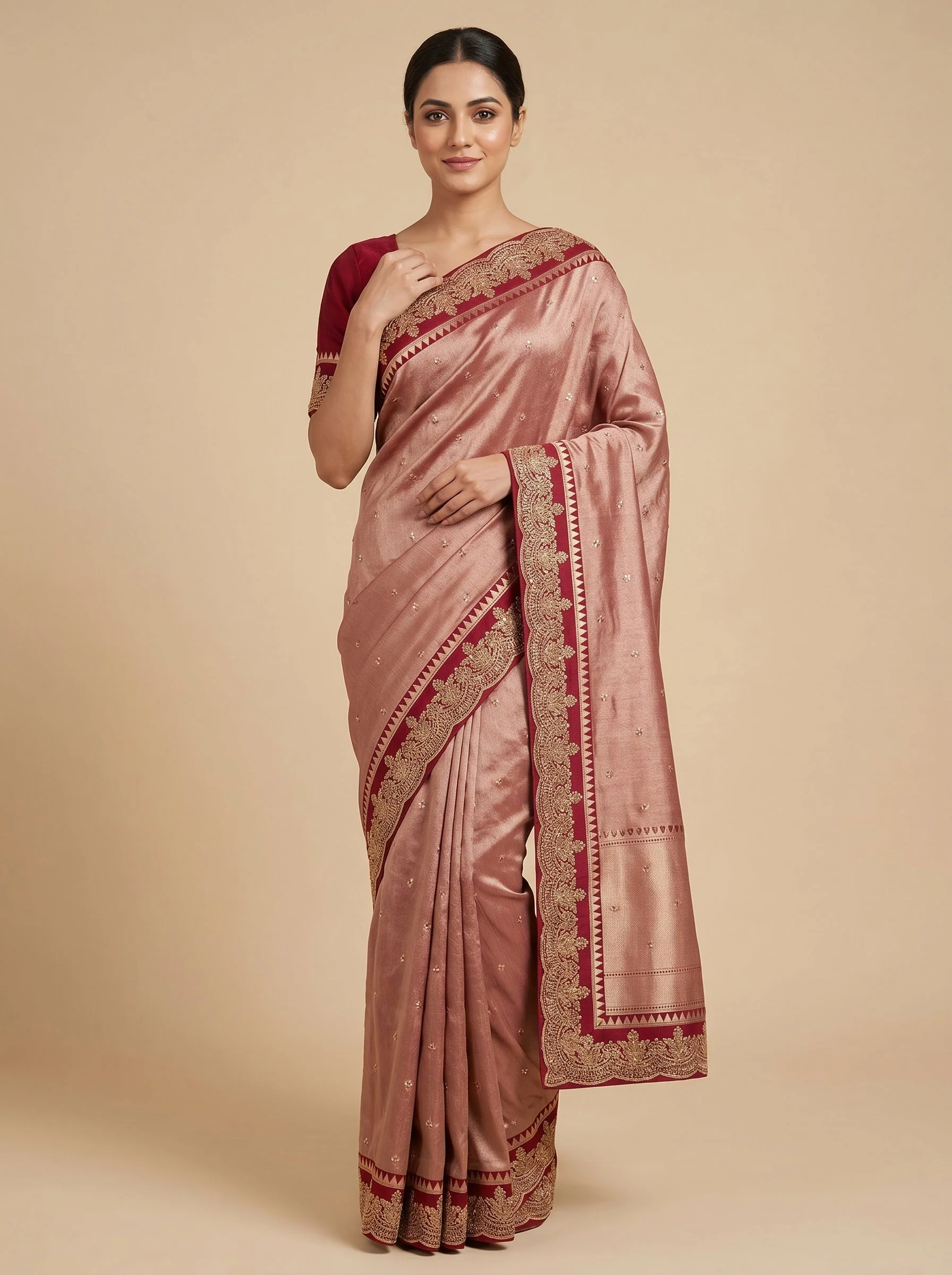 Wine Plush Finish Embroidered Saree