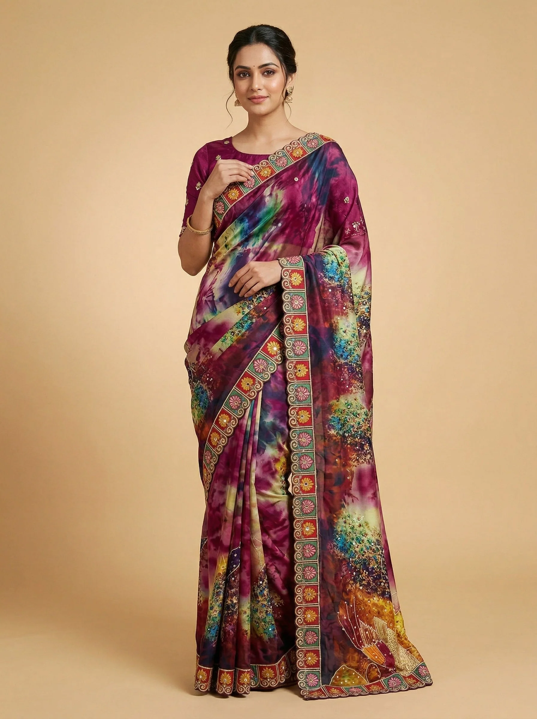Wine Plush-Tone Embroidered Saree