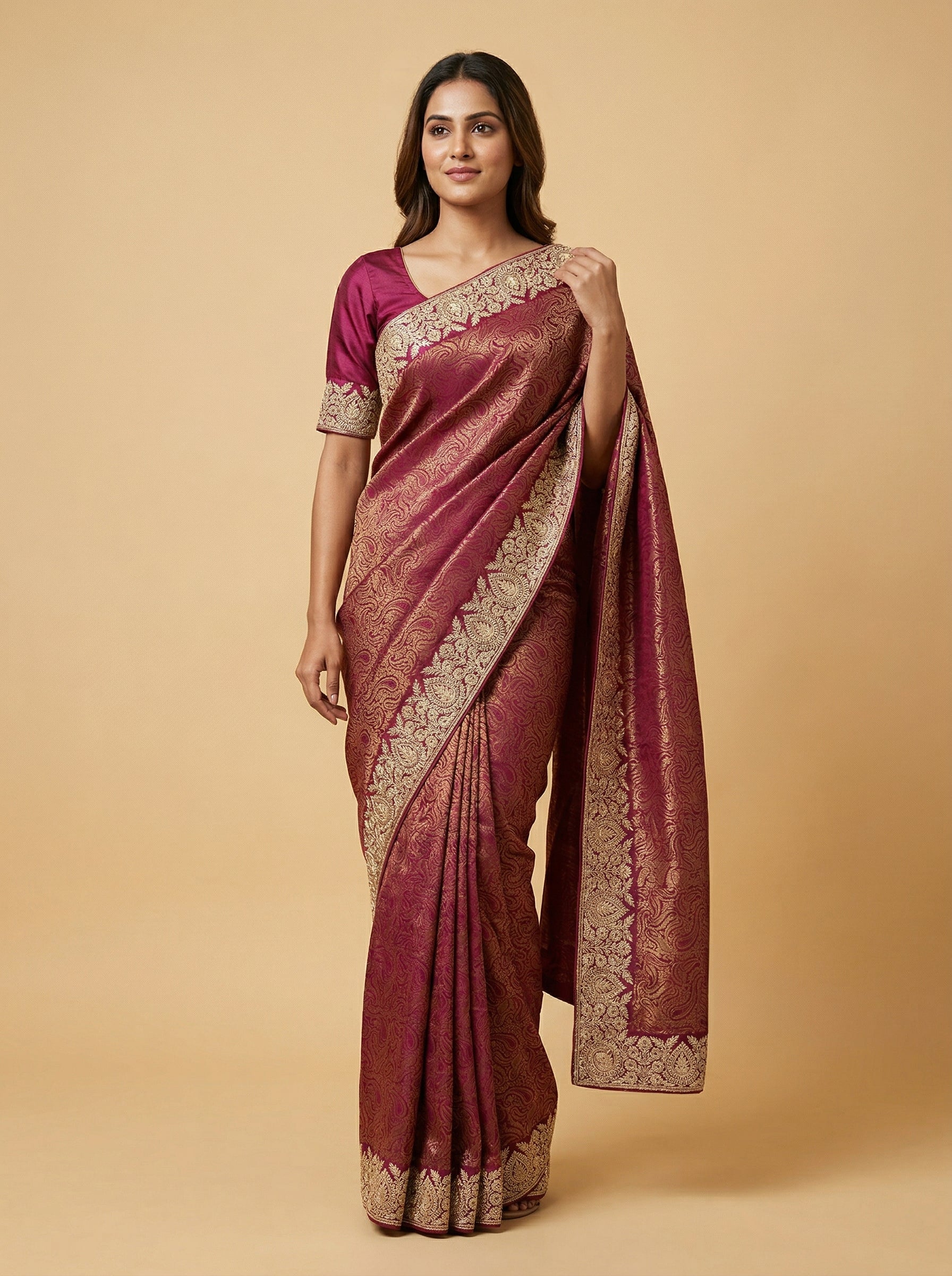 Wine Polished Embroidered Saree