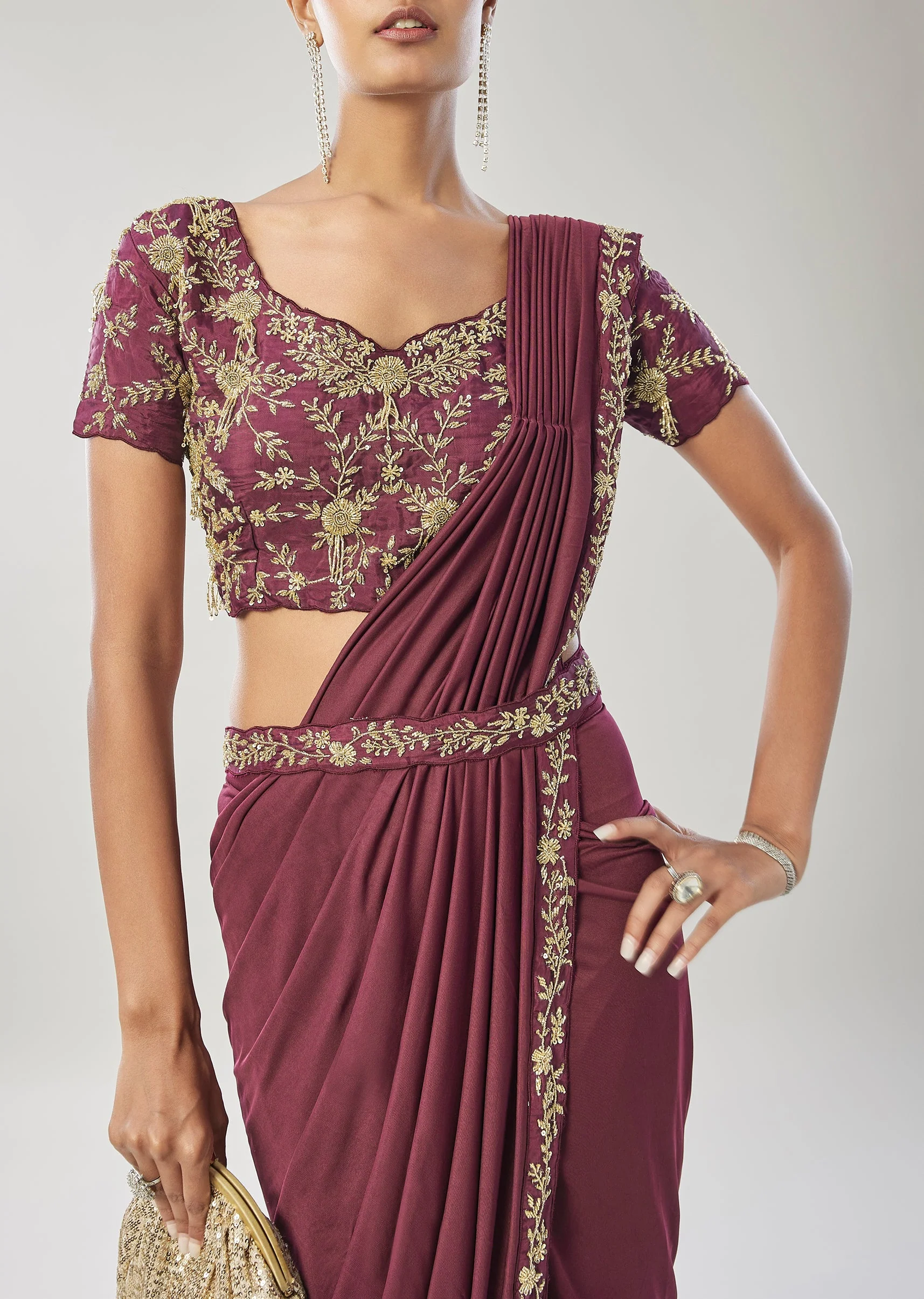 Wine Ready Pleated Saree With Belt - Image 2