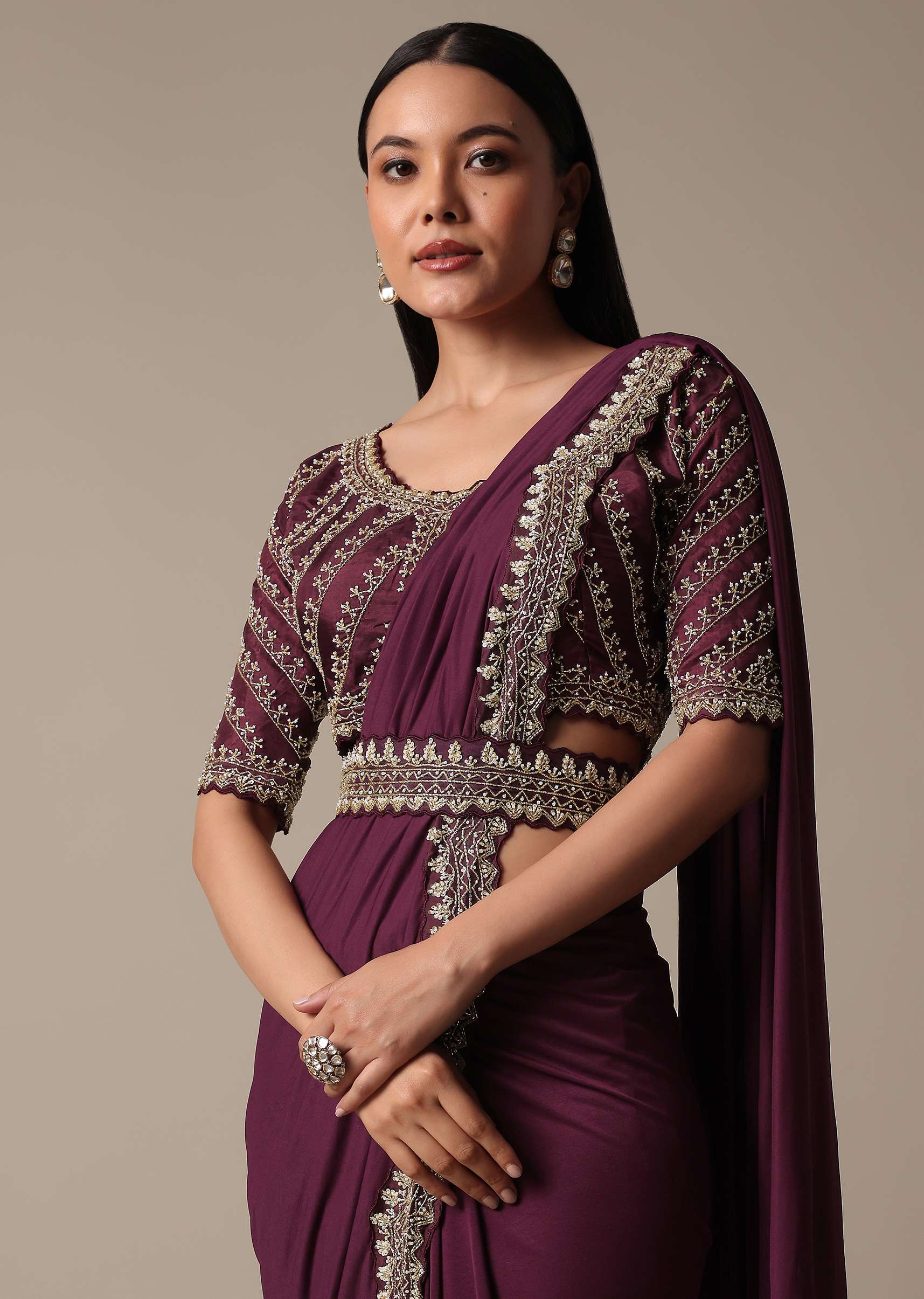 Wine Readymade Saree With Embellished Blouse - Image 4