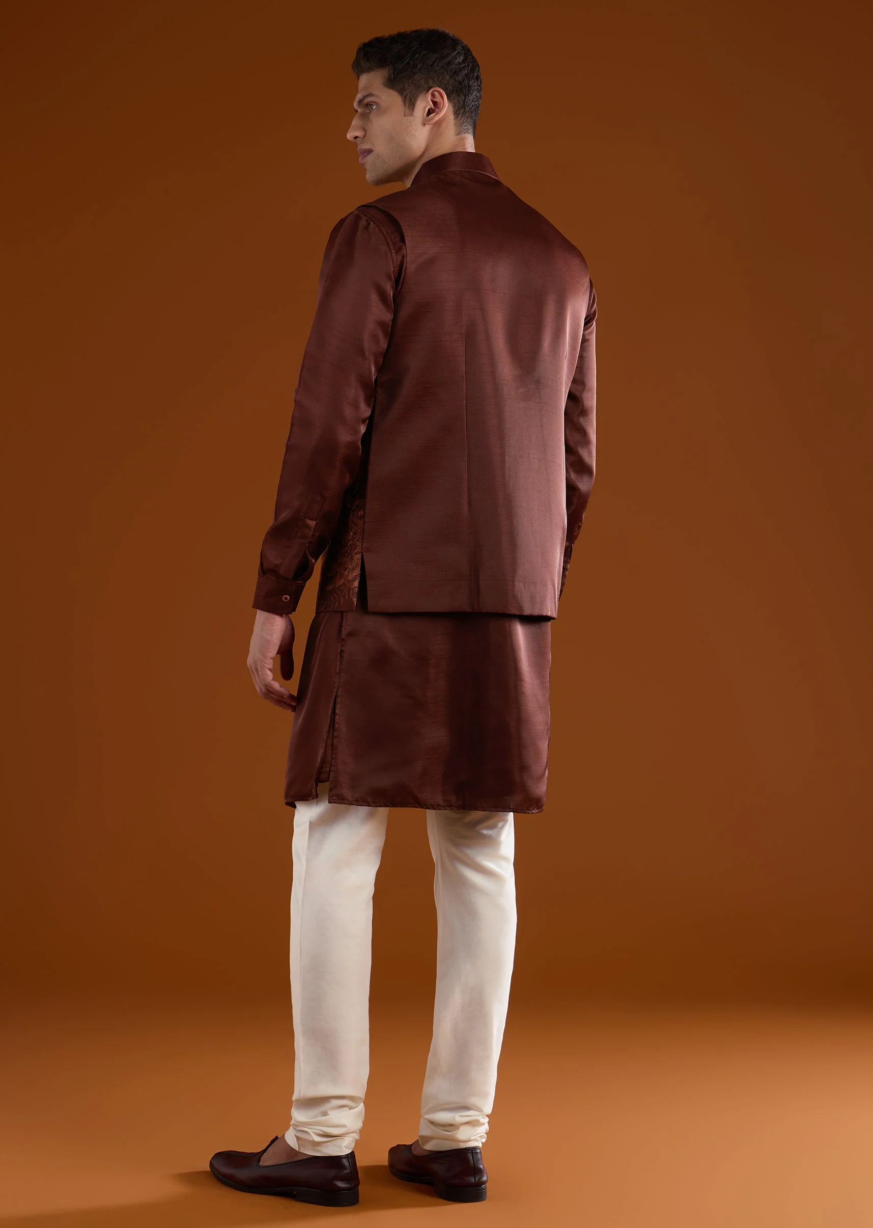 Wine Red Silk Mens Kurta Jacket Set With Thread And French Knot Work - Image 5