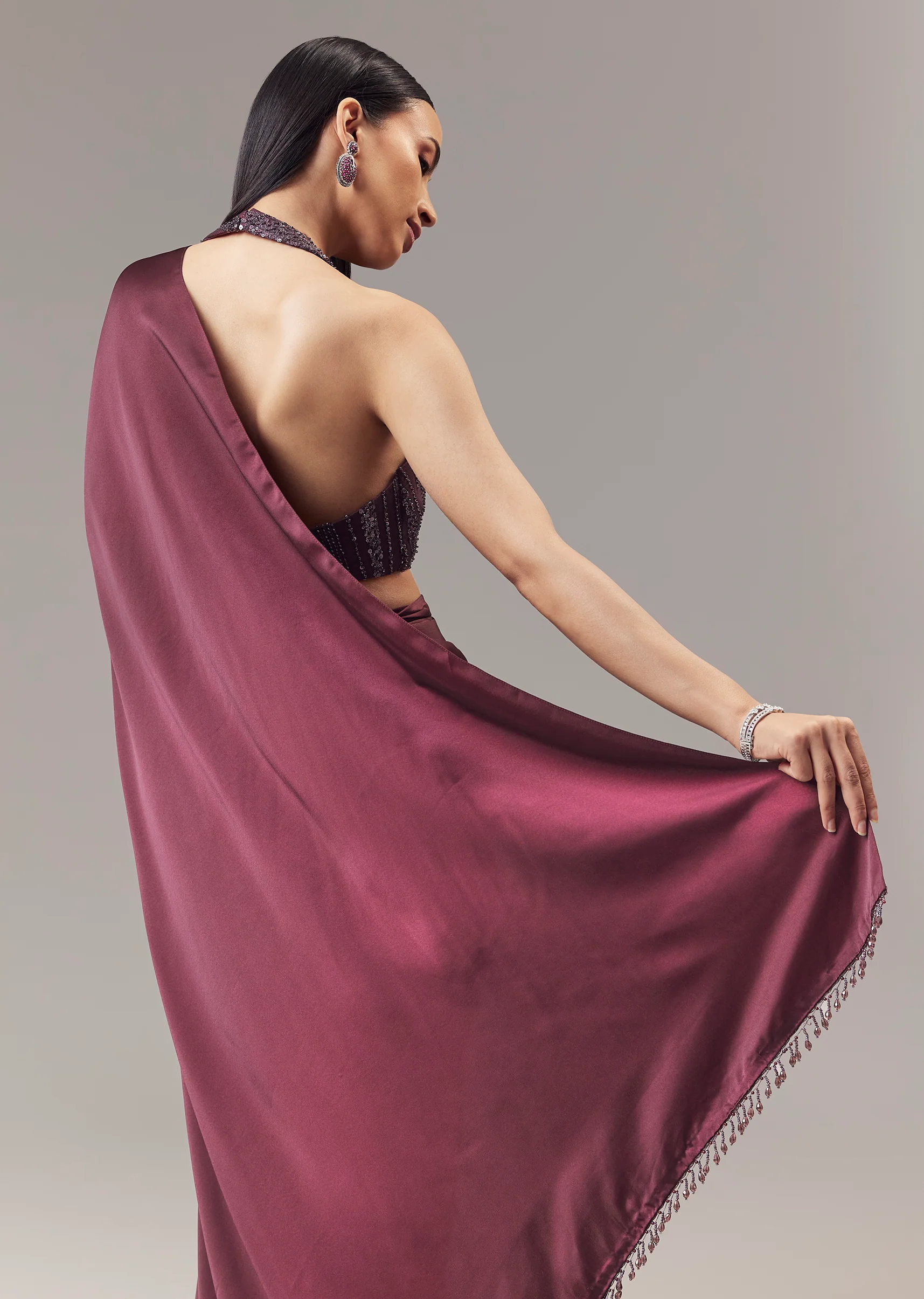 Wine Satin Blend Saree With Cut Dana And Sequin Embellished Halter Neckline Blouse - Image 6