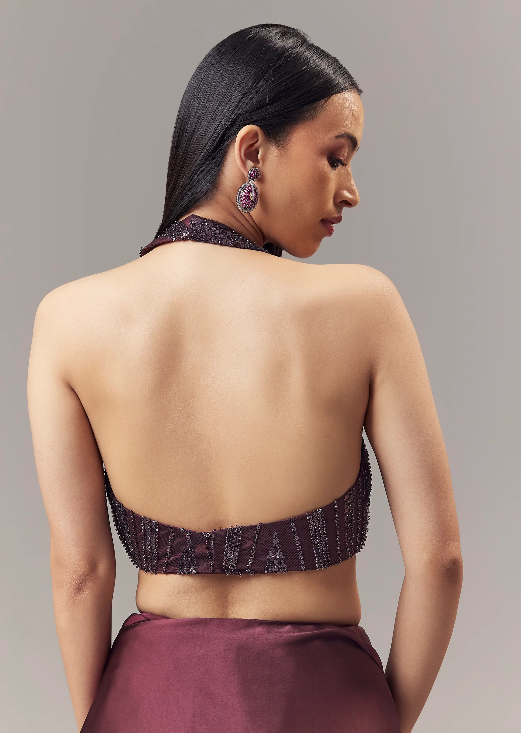 Wine Satin Blend Saree With Cut Dana And Sequin Embellished Halter Neckline Blouse - Image 7