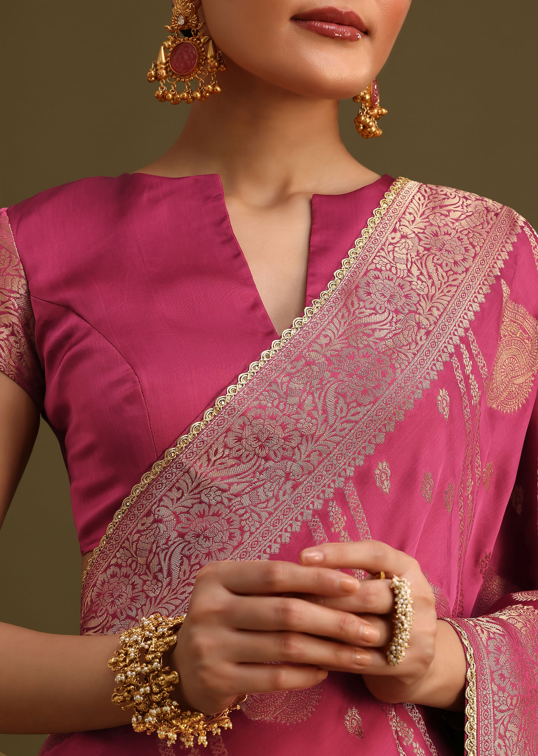 Wine Satin Brocade Zari Weave Saree - Image 2