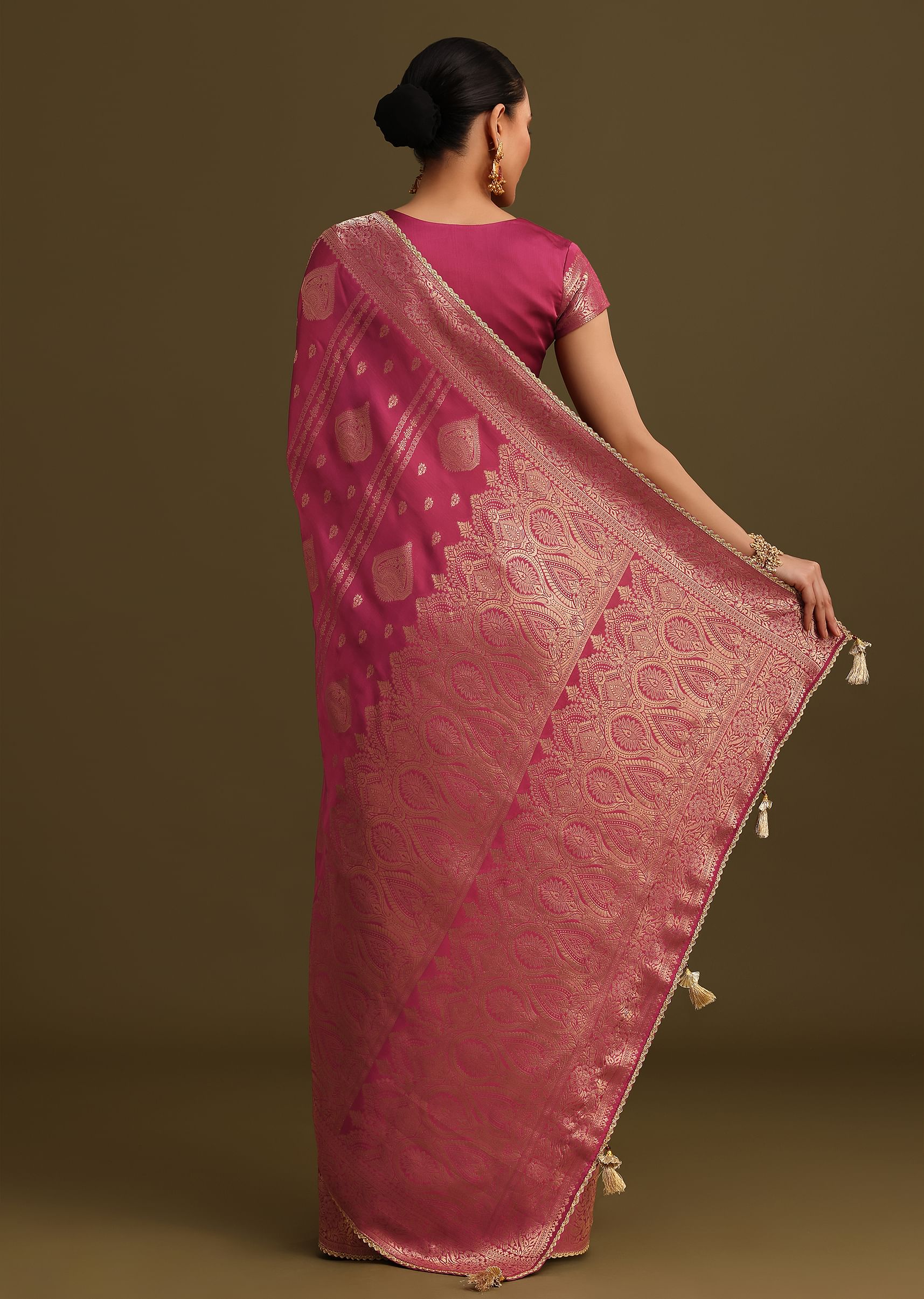 Wine Satin Brocade Zari Weave Saree - Image 6