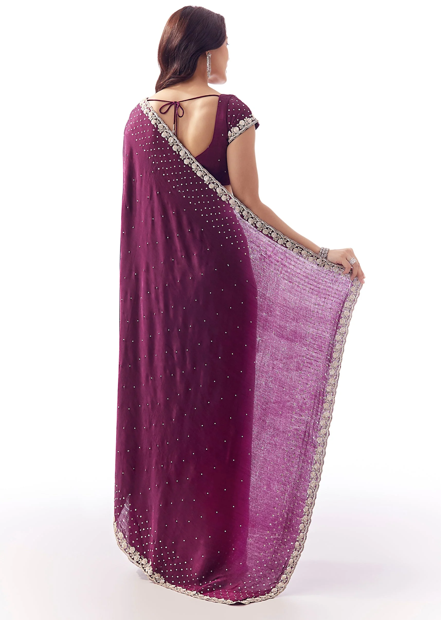 Wine Satin Chinon Saree With All Over Sequin Embellishment - Image 4