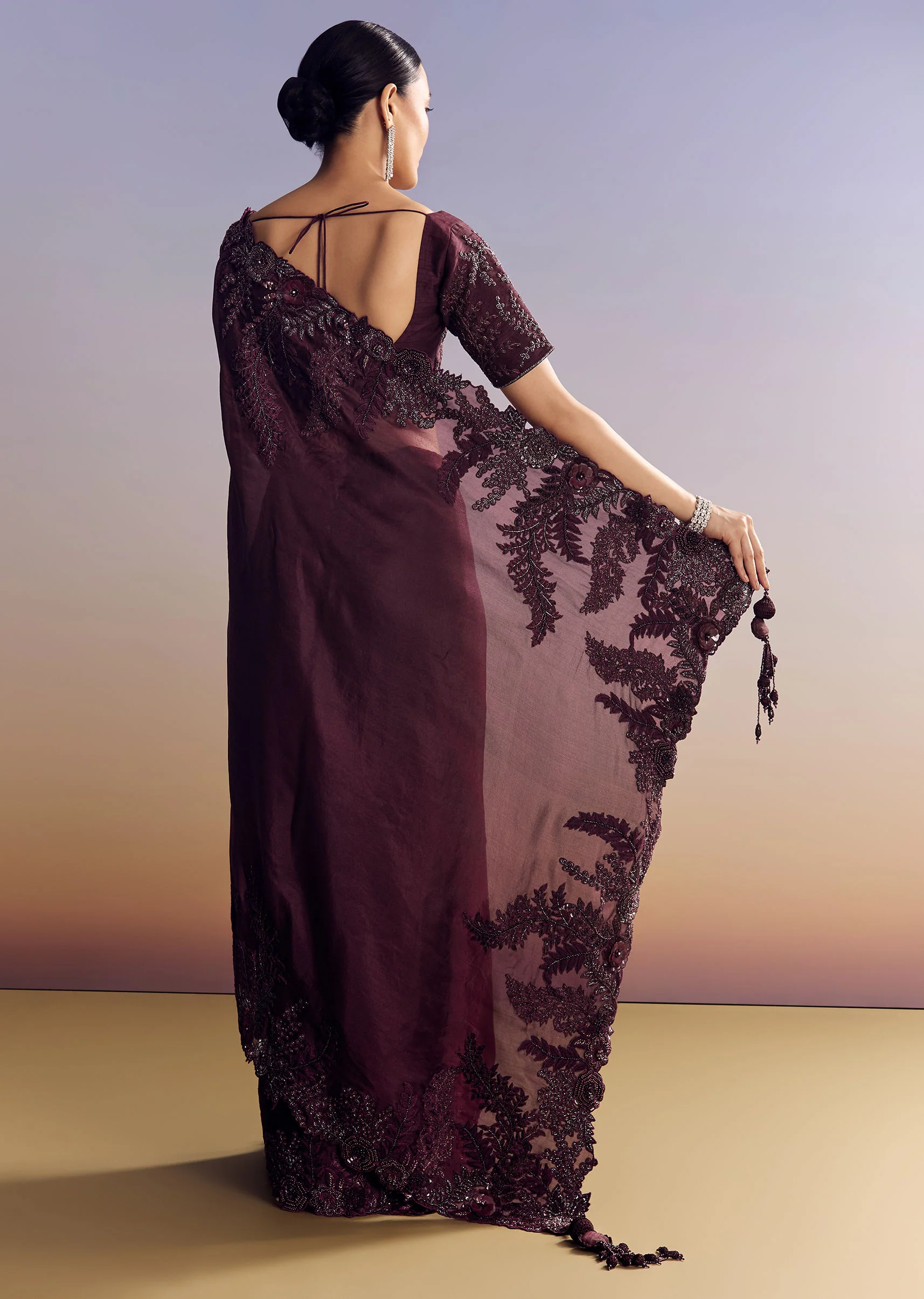 Wine Satin Saree With Heavy Floral Embroidery In Sequins And Cutdana - Image 4