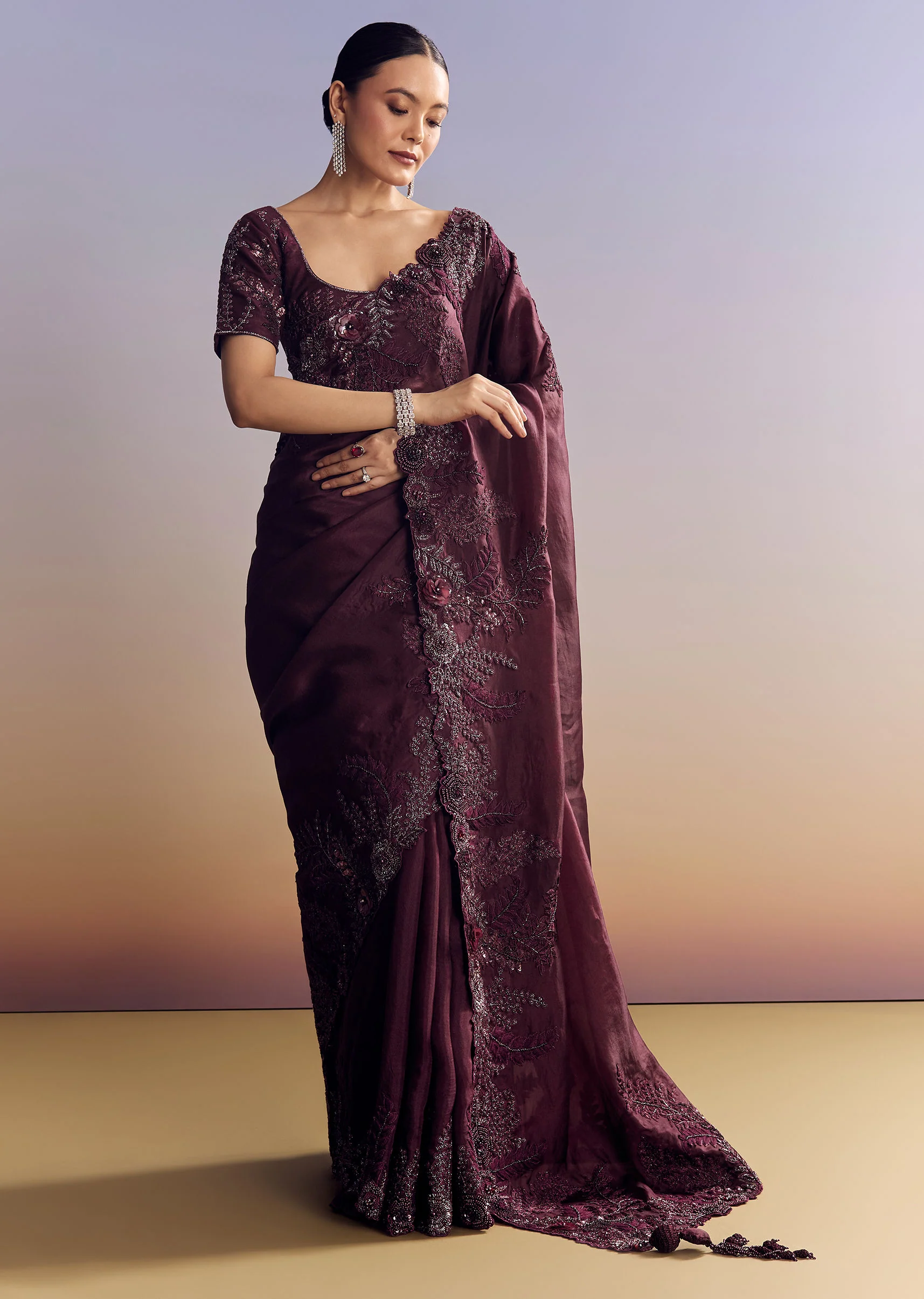 Wine Satin Saree With Heavy Floral Embroidery In Sequins And Cutdana - Image 5