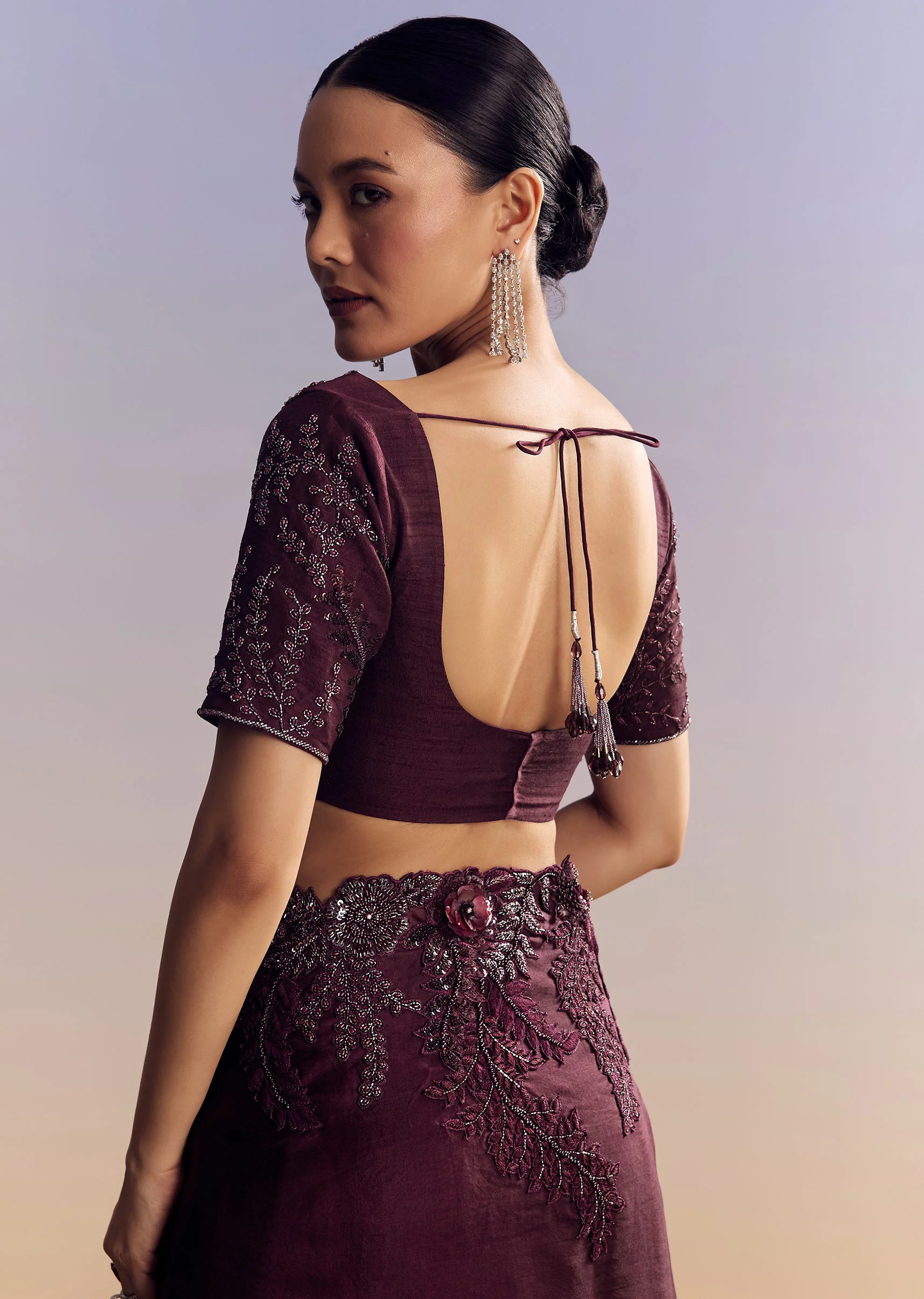 Wine Satin Saree With Heavy Floral Embroidery In Sequins And Cutdana - Image 8