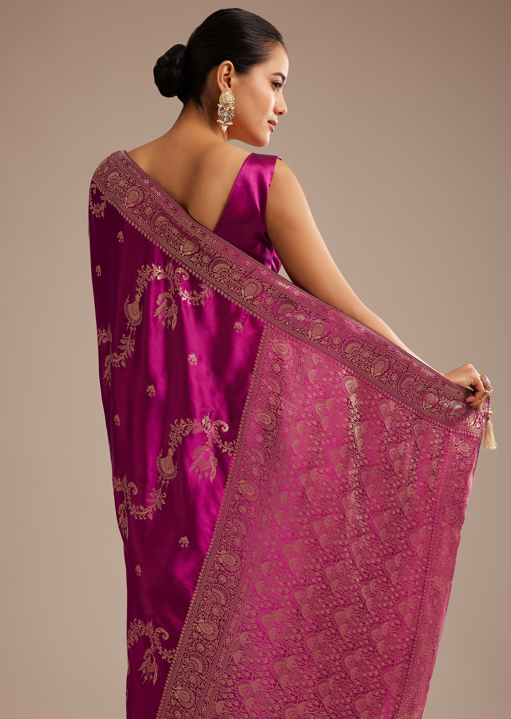 Wine Satin Saree With Zari Woven Work - Image 4
