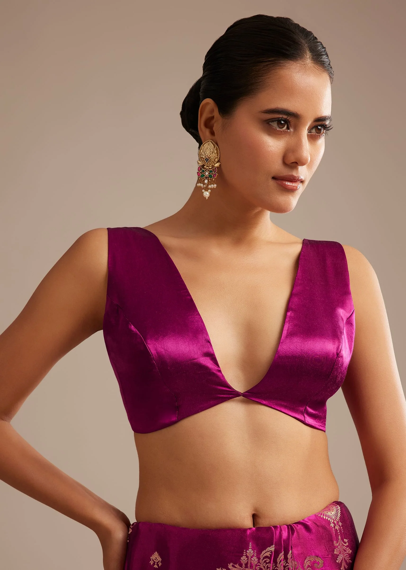 Wine Satin Saree With Zari Woven Work - Image 7