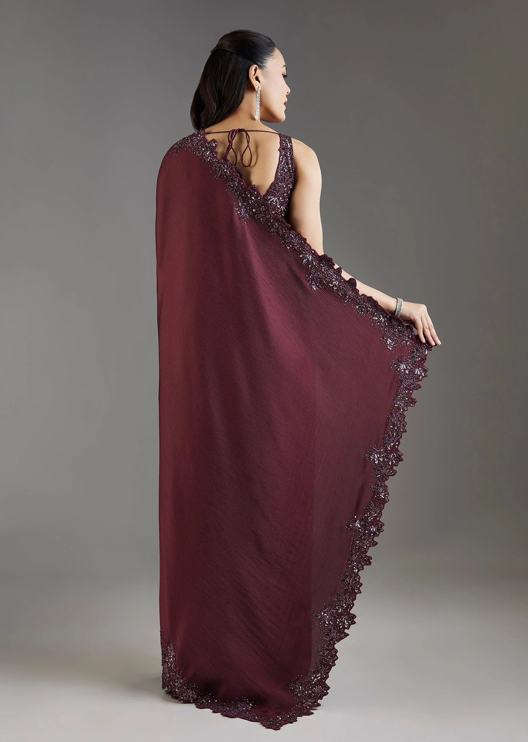 Wine Sequins Embellished Chiffon Saree With Sleeveless Blouse - Image 4