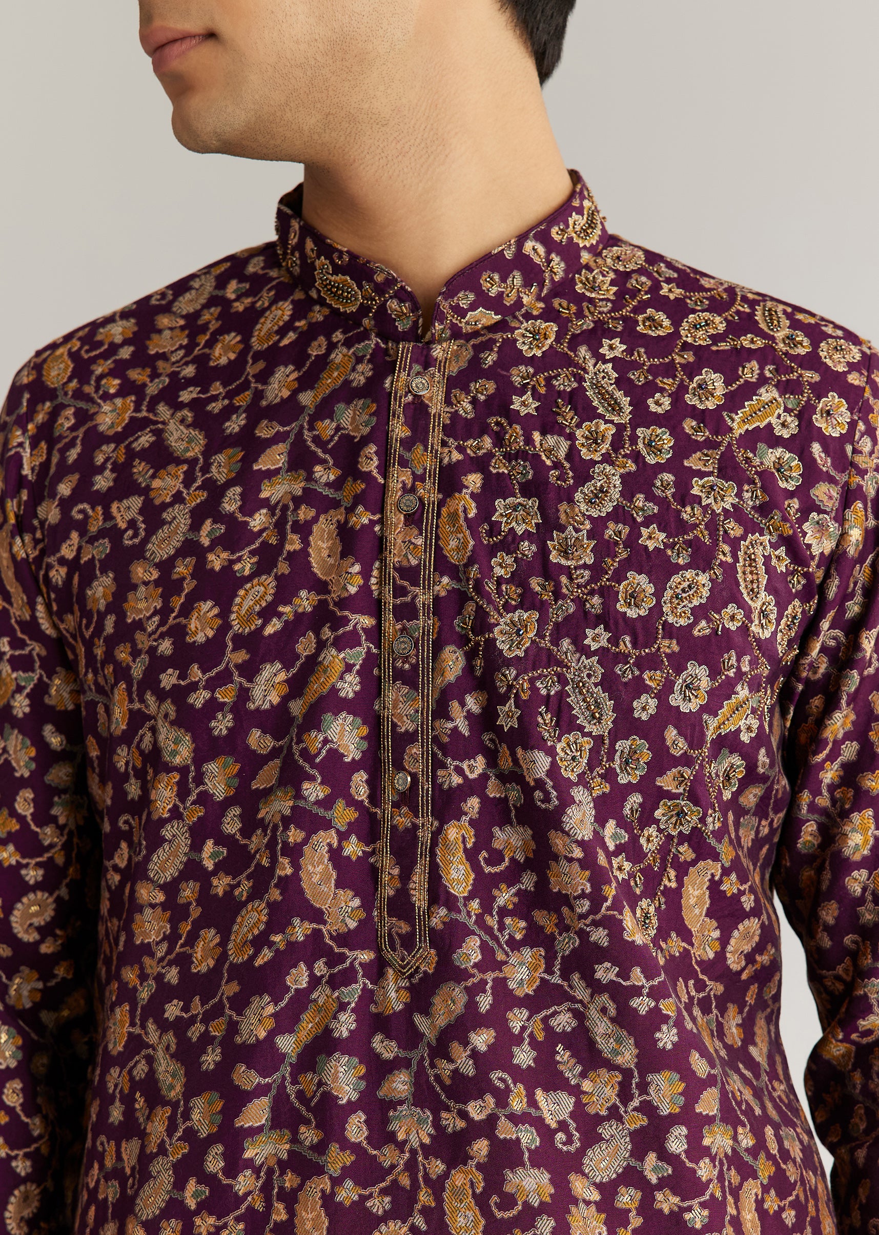 Wine Silk Floral Printed Kurta Set With Cutdana Work - Image 3