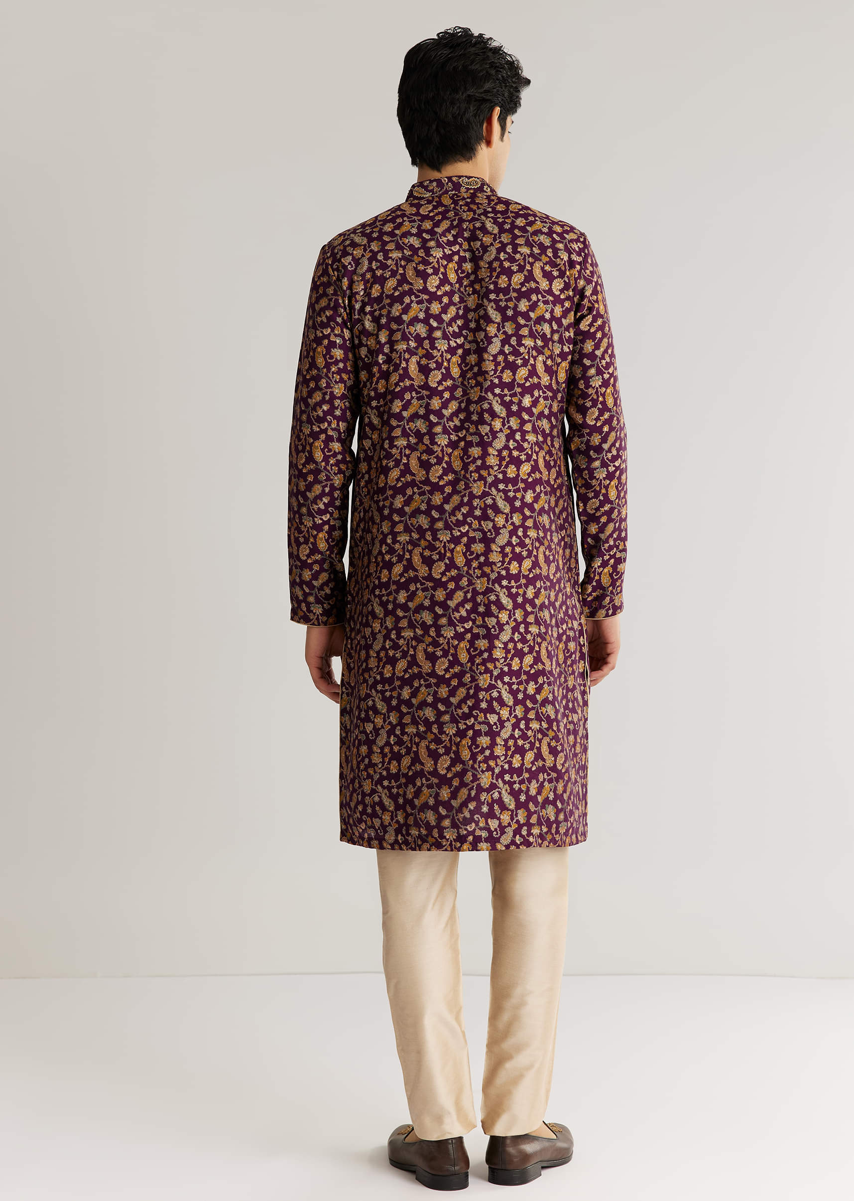 Wine Silk Floral Printed Kurta Set With Cutdana Work - Image 6