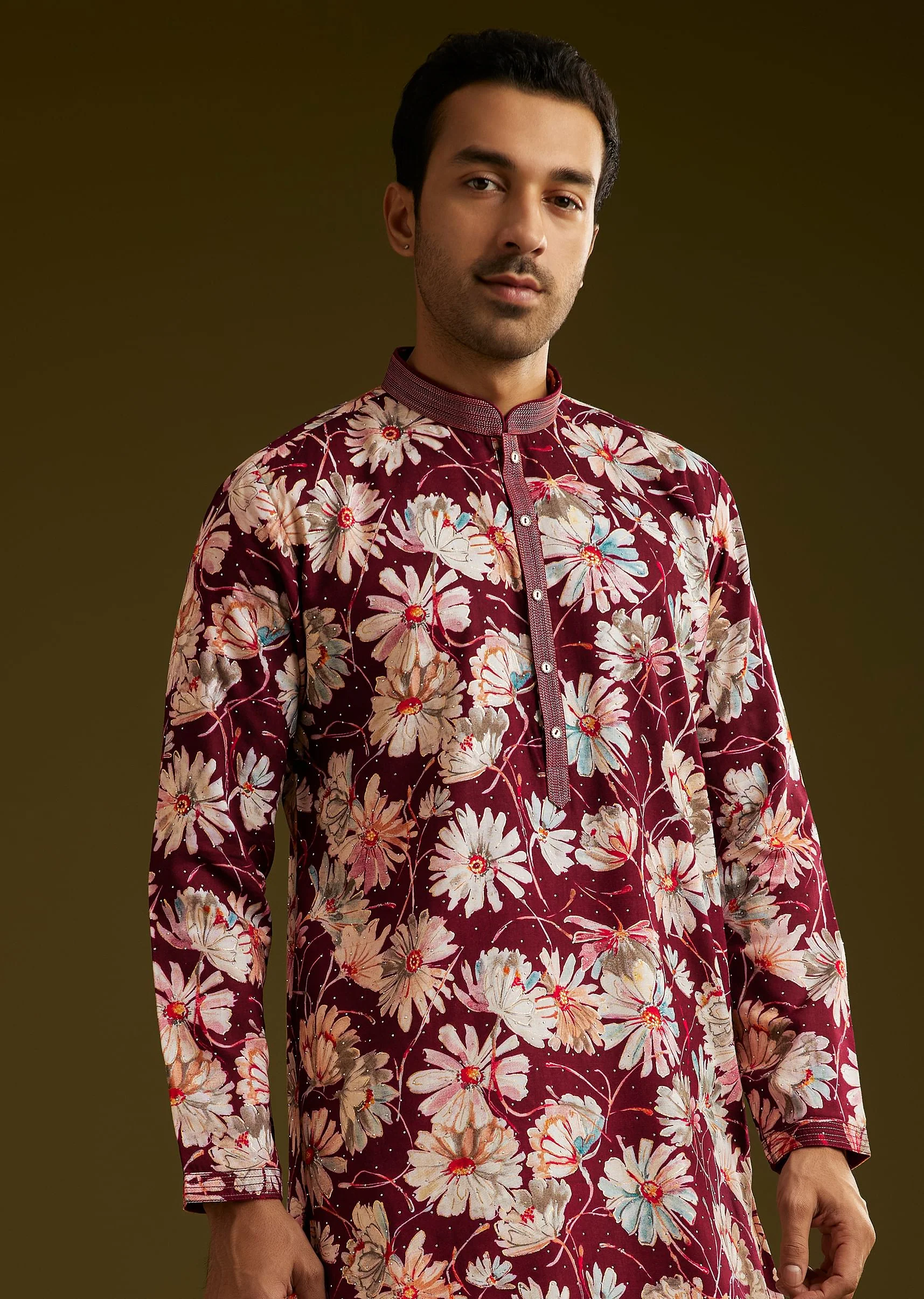 Wine Silk Floral Printed Kurta Set With Stone Work - Image 4