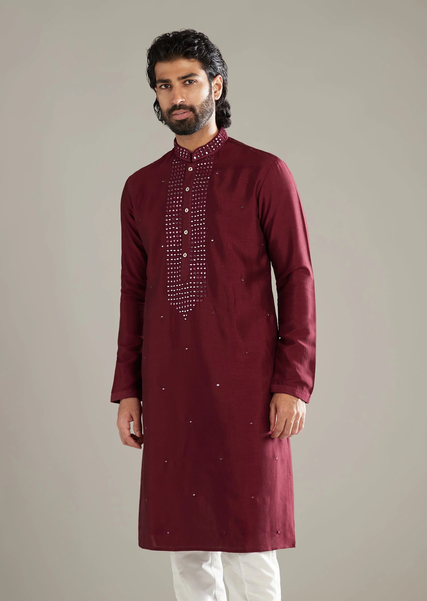 Wine Silk Kurta Set For Men With Mirror Work - Image 4