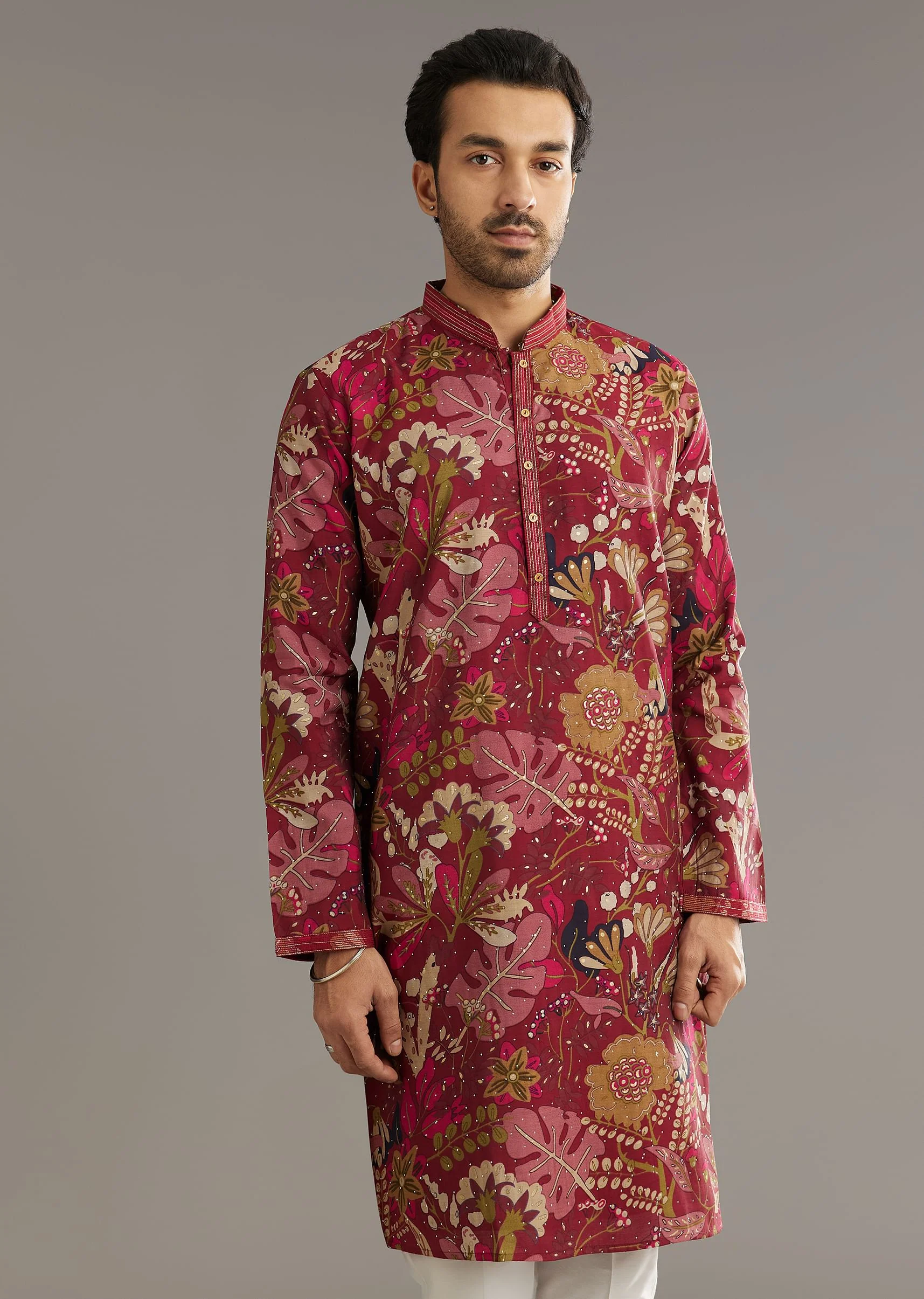 Wine Silk Kurta Set With Stone Embellishment - Image 3