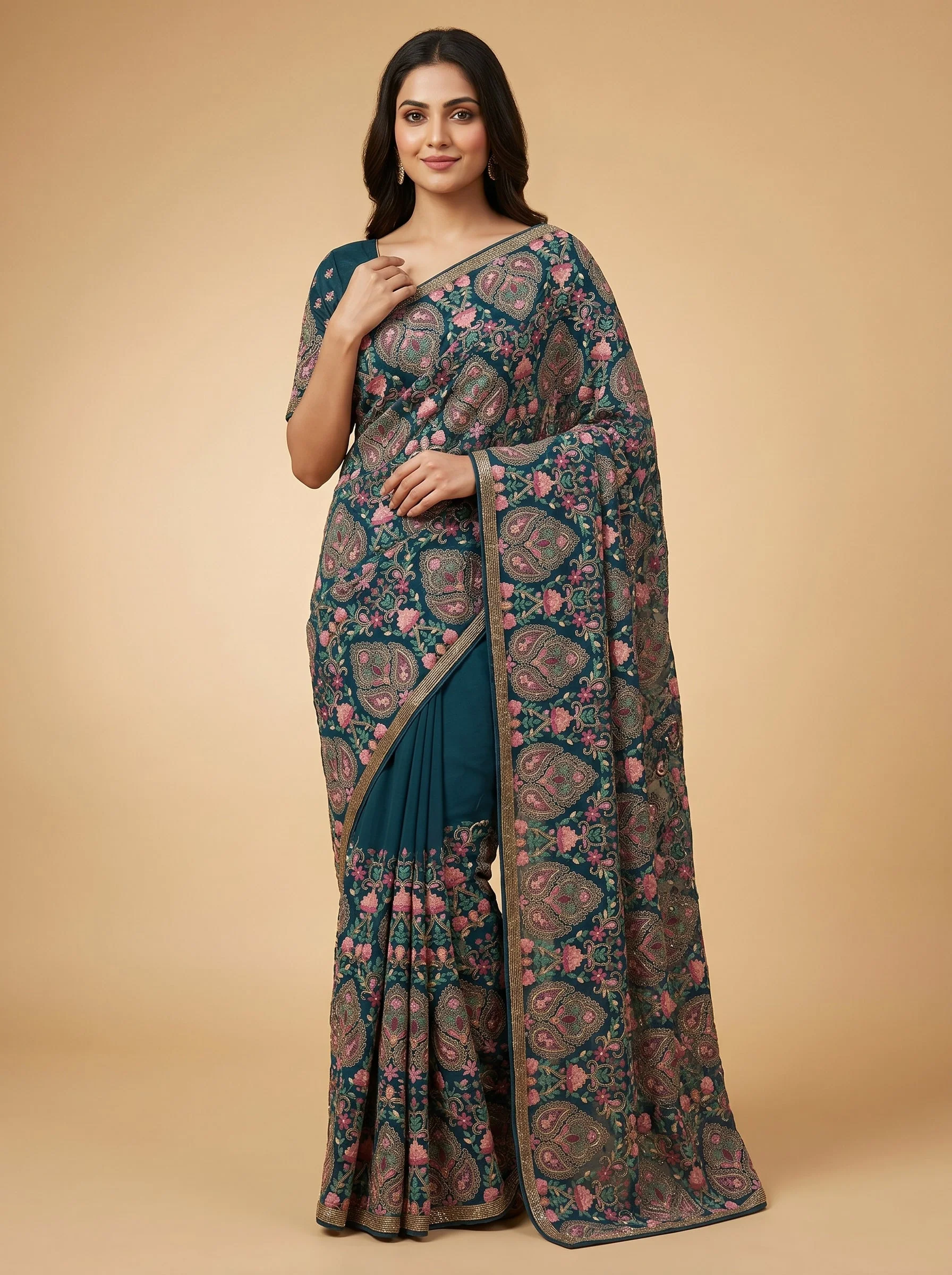Wine Smooth Tone Embroidered Saree